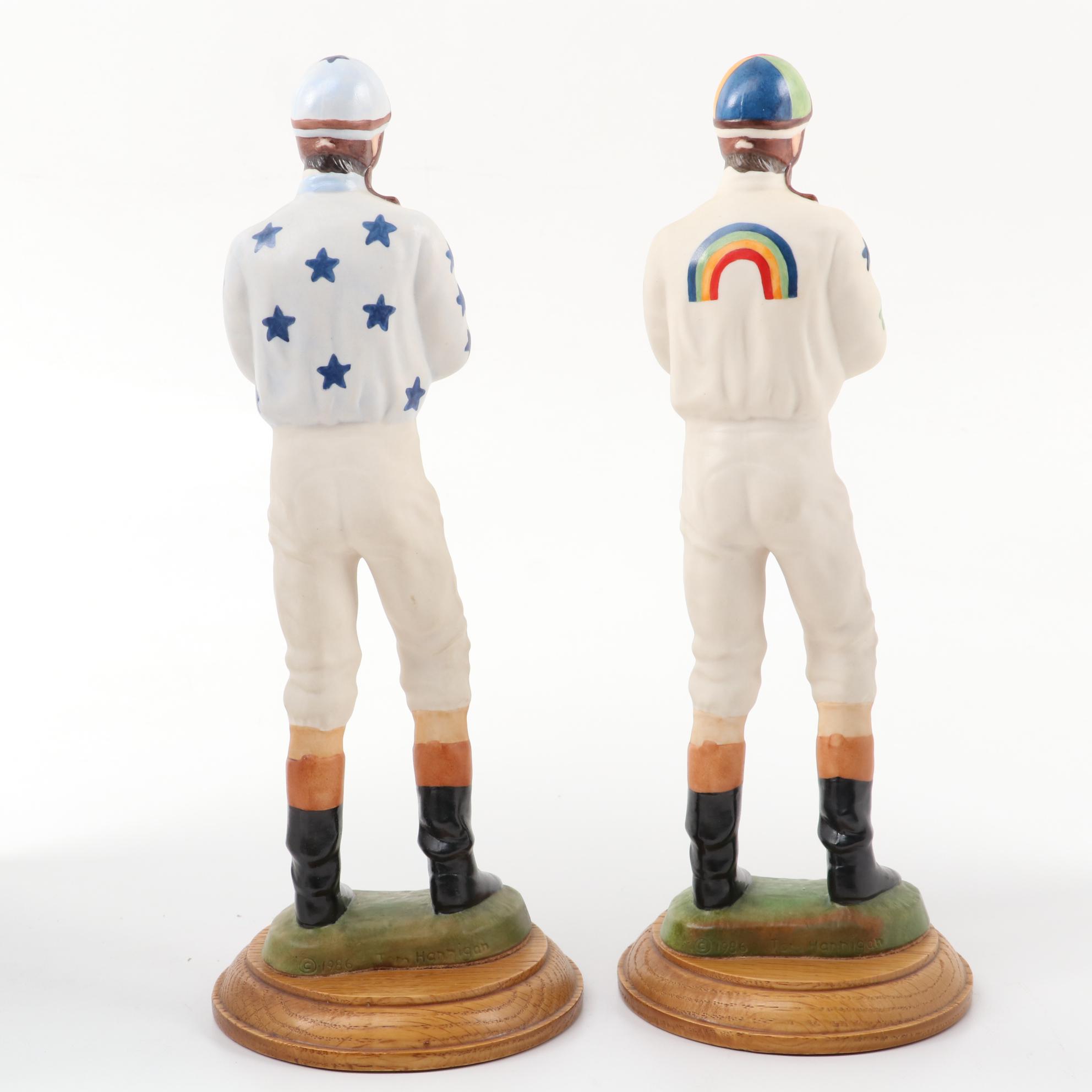 Tom Hannigan Ceramic Jockey Figurines with Authentic Race Crop and Goggles