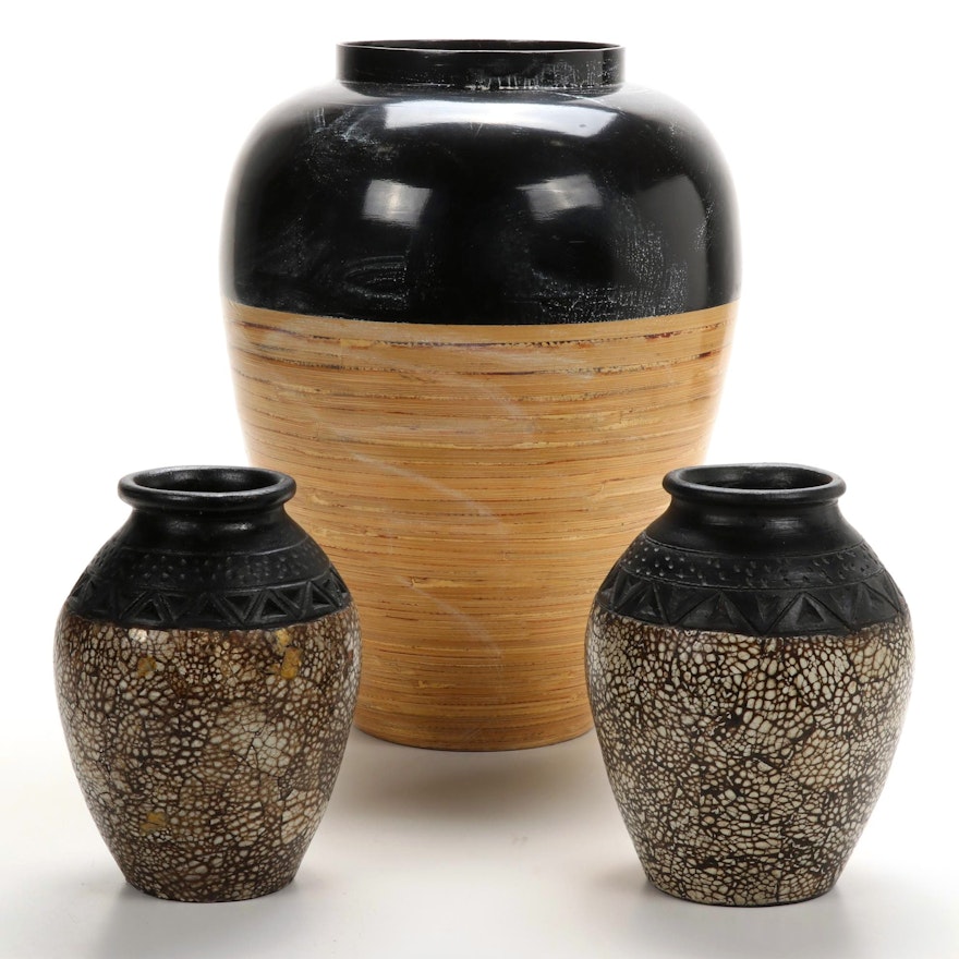 Pair of Clay Vases  with Coordinating Bamboo Floor Vase, Contemporary