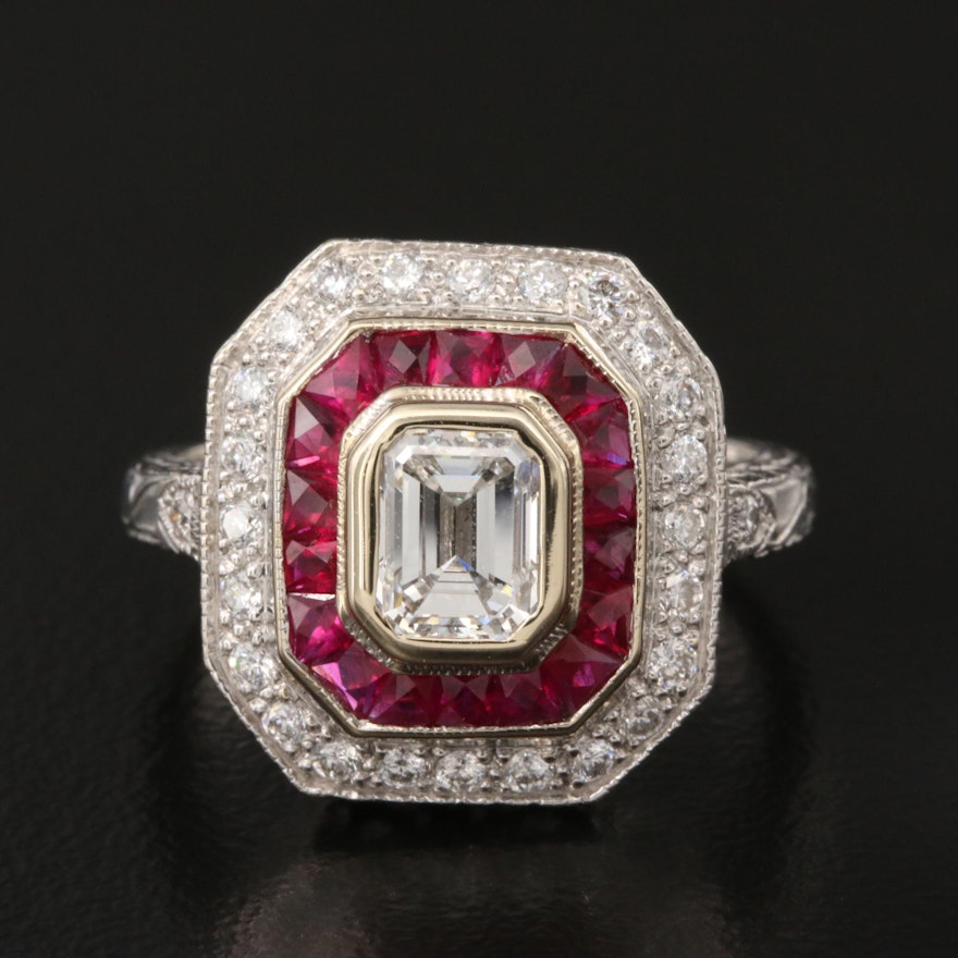 Art Deco Style 18K 1.22 CTW Diamond and Ruby Ring with GIA Dossier