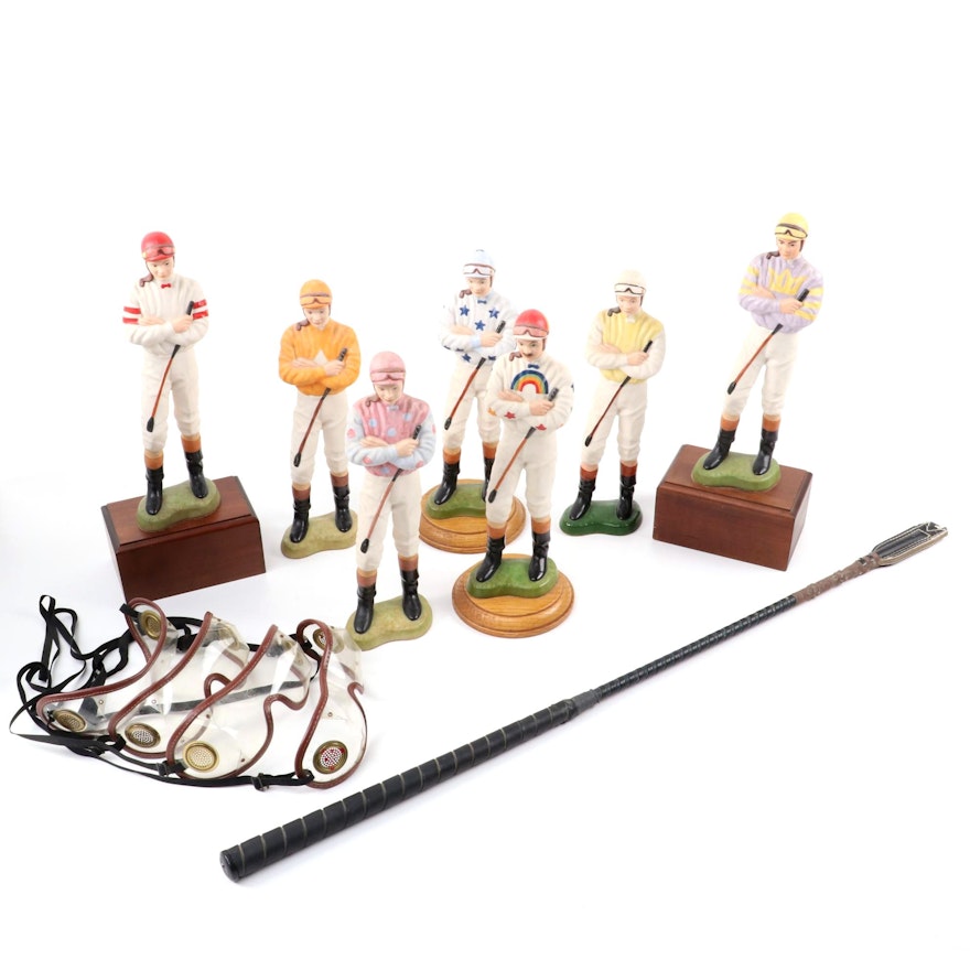 Tom Hannigan Ceramic Jockey Figurines with Authentic Race Crop and Goggles