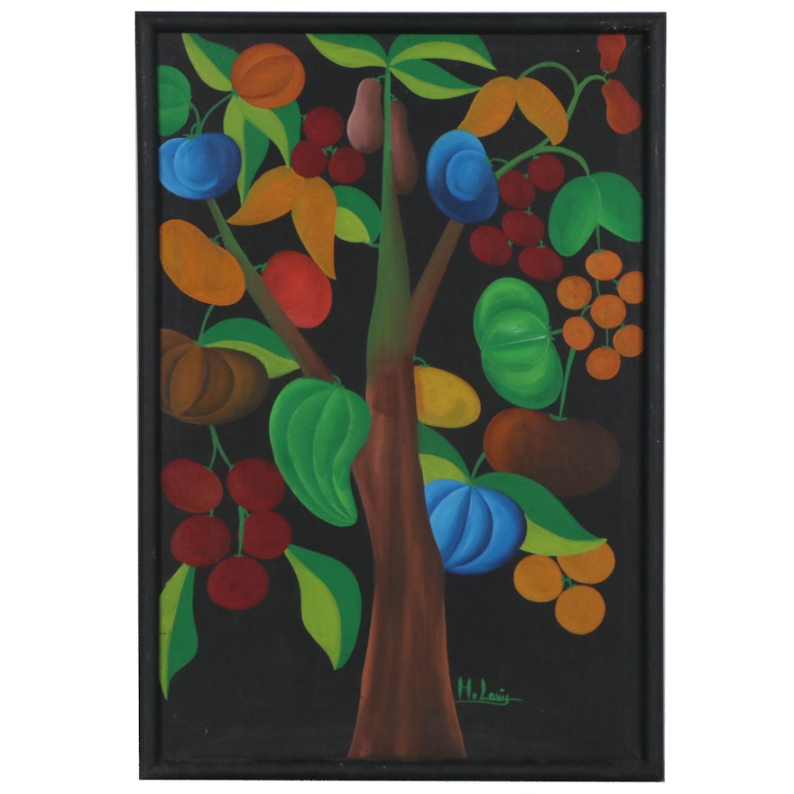 Folk Art Style Oil Painting of Fruit Tree, Late 20th Century