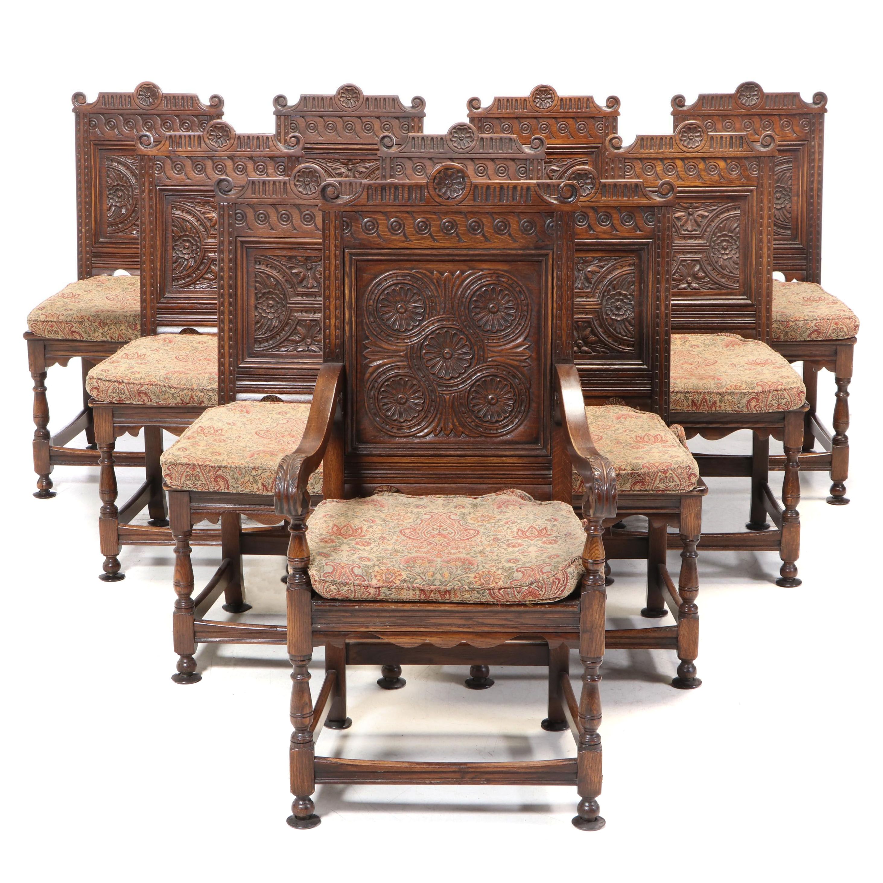 Eleven-Piece Jacobean Style Carved Oak Dining Set, Early 20th Century