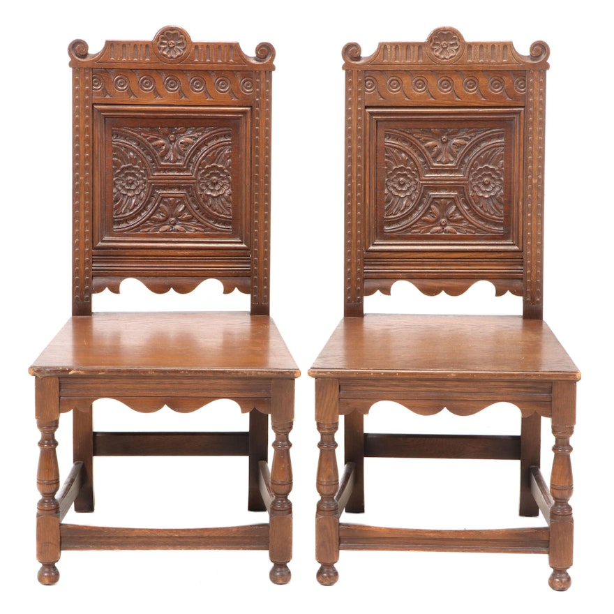 Pair of Jacobean Style Carved Oak Dining Side Chairs, Early 20th Century