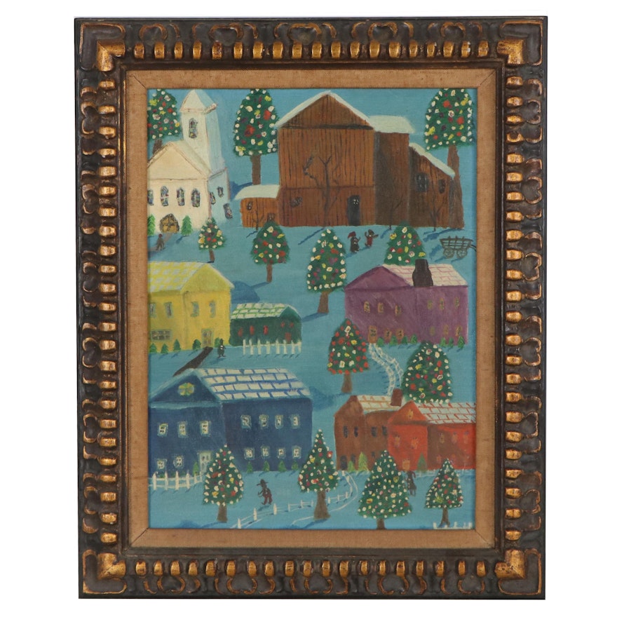 Folk Art Oil Painting of Winter Village, Mid-20th Century