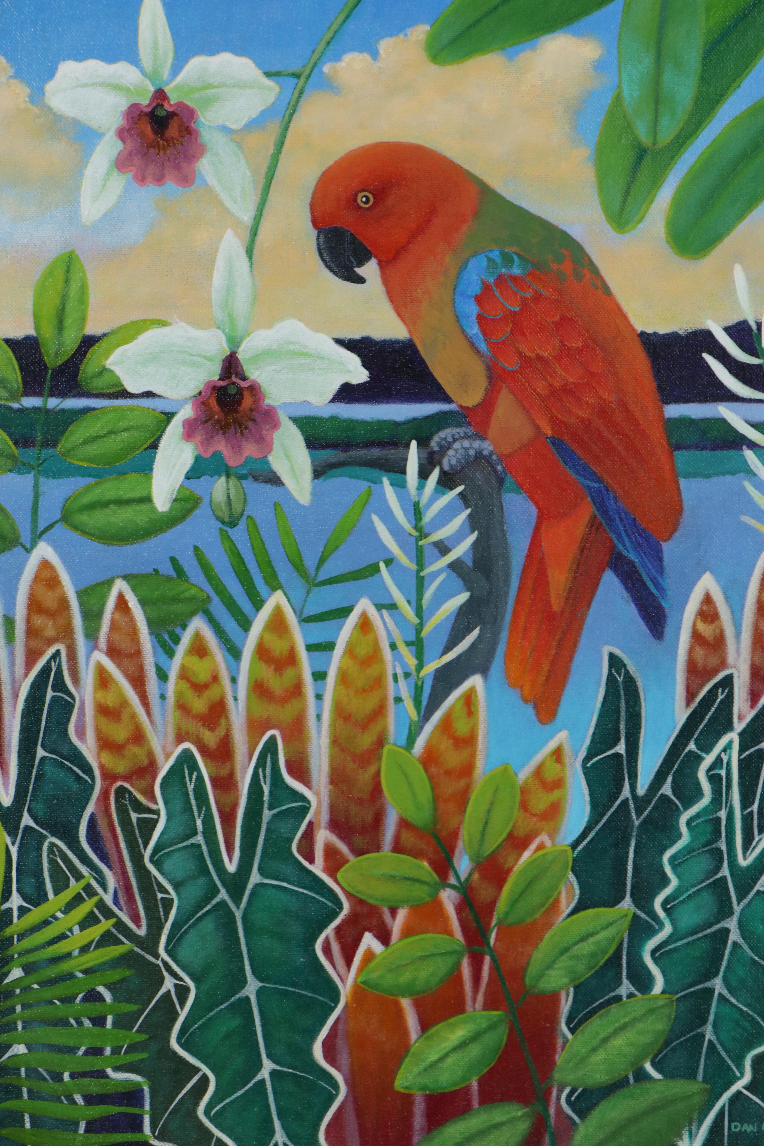 Dan Cocco Tropical Landscape Acrylic Painting with Parrot, 21st Century