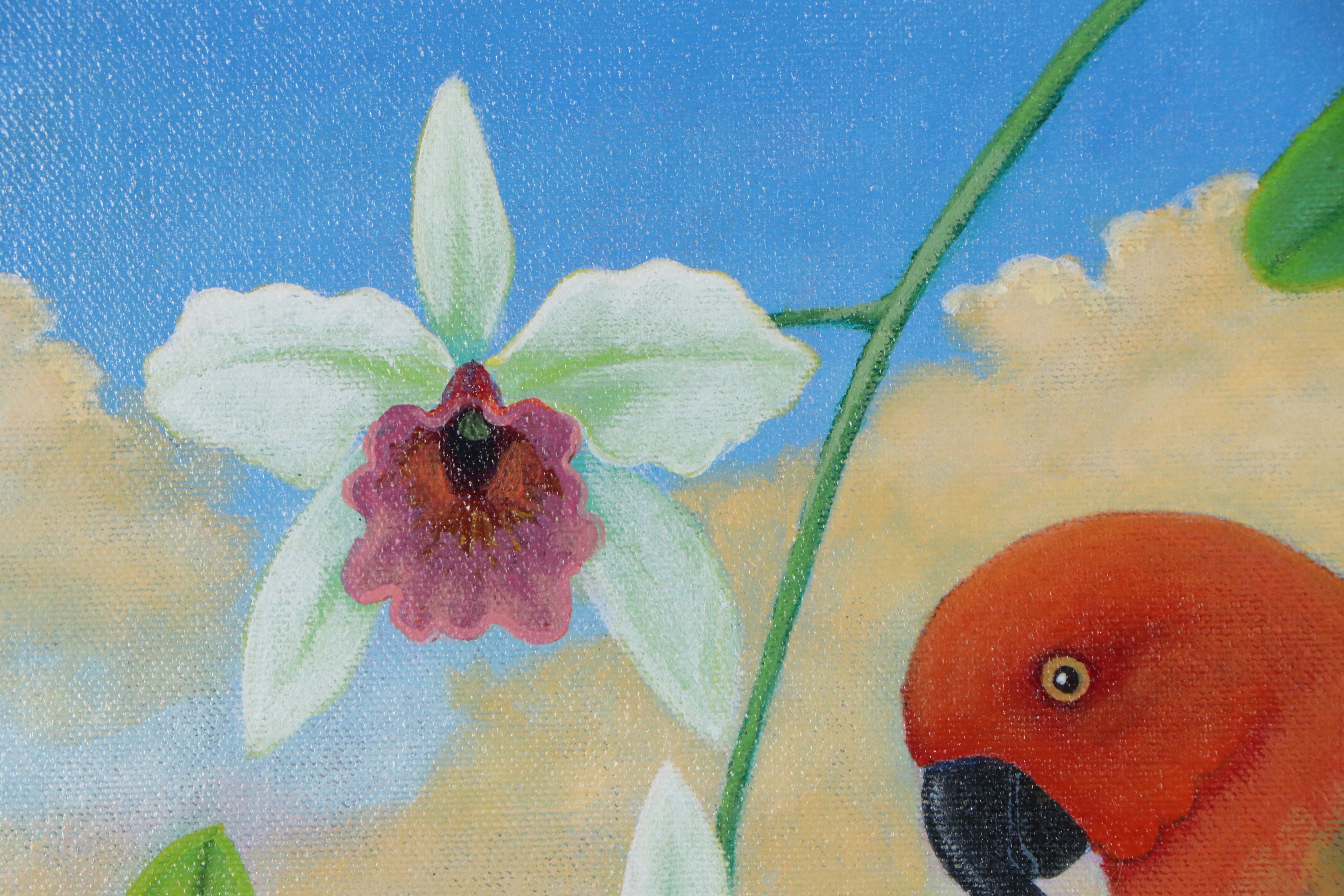 Dan Cocco Tropical Landscape Acrylic Painting with Parrot, 21st Century