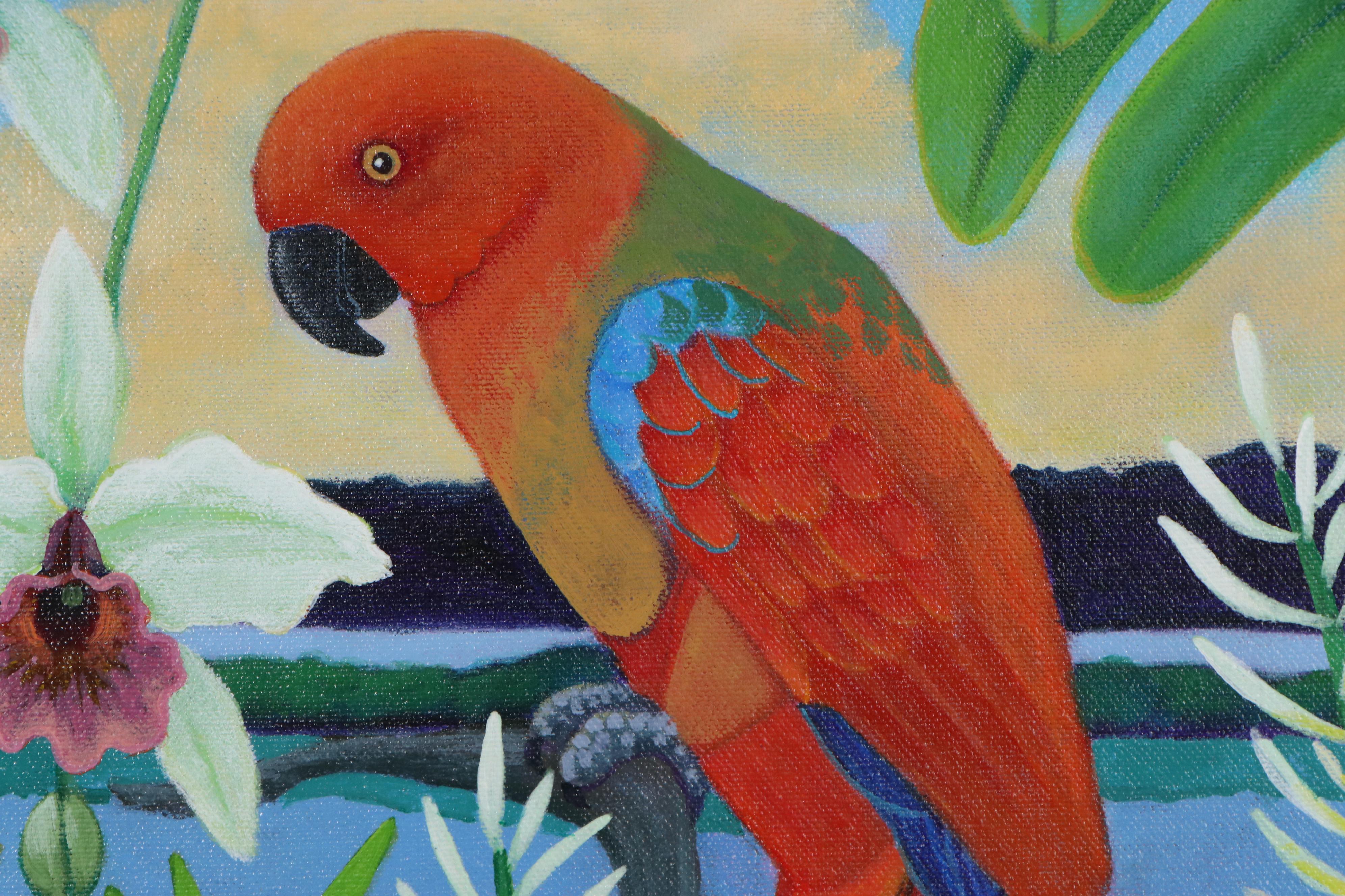 Dan Cocco Tropical Landscape Acrylic Painting with Parrot, 21st Century