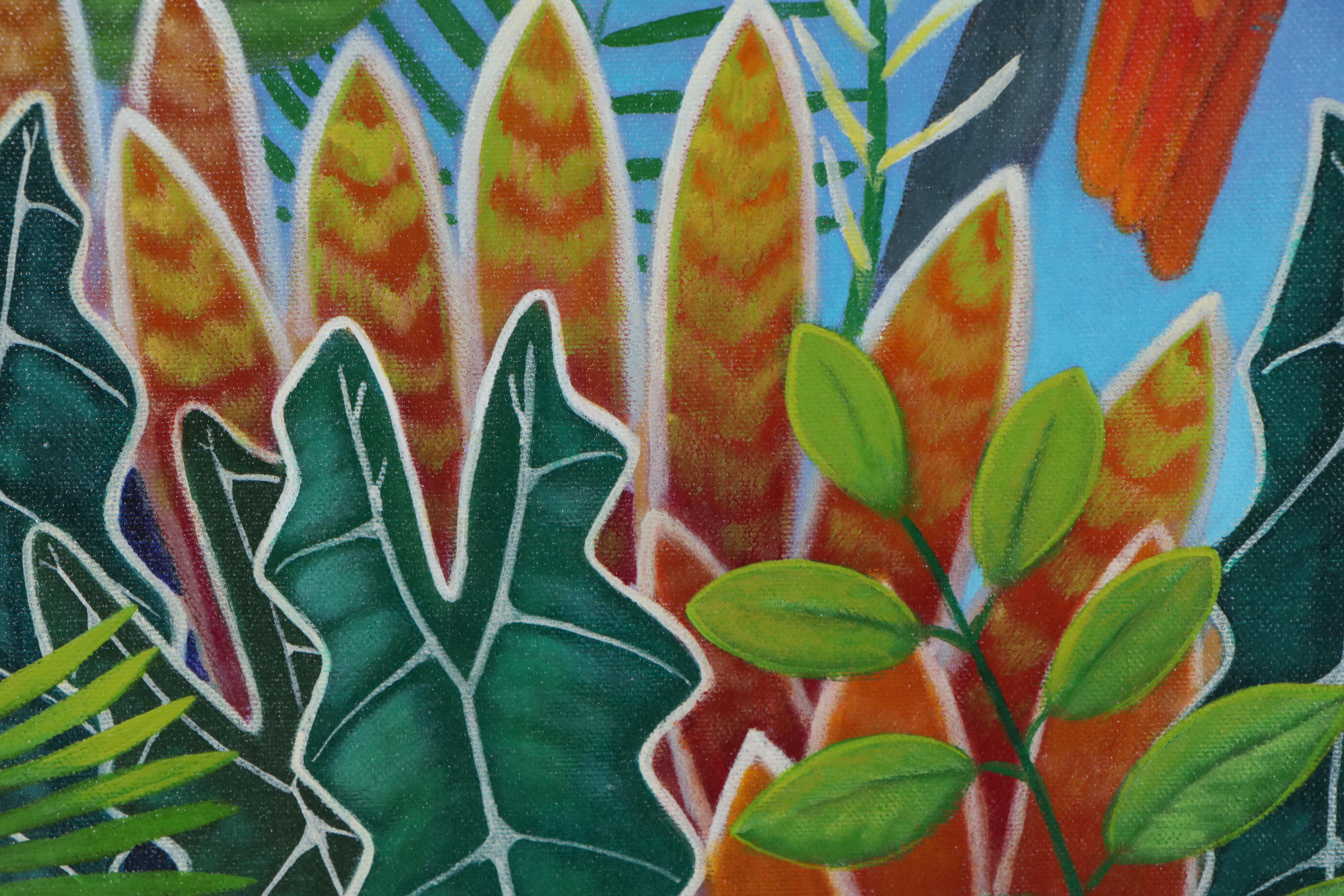 Dan Cocco Tropical Landscape Acrylic Painting with Parrot, 21st Century