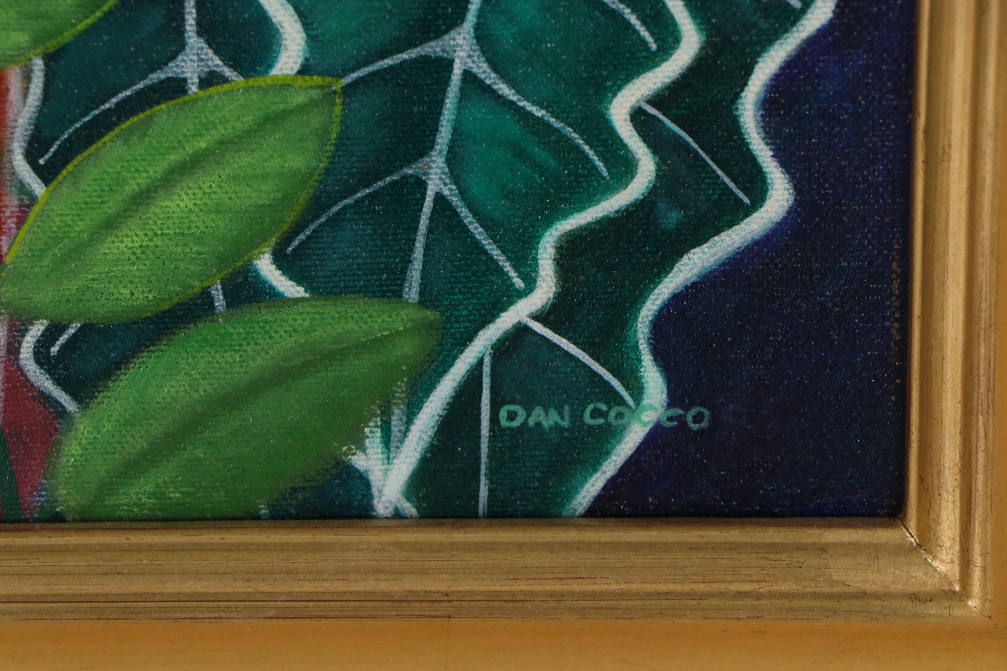 Dan Cocco Tropical Landscape Acrylic Painting with Parrot, 21st Century