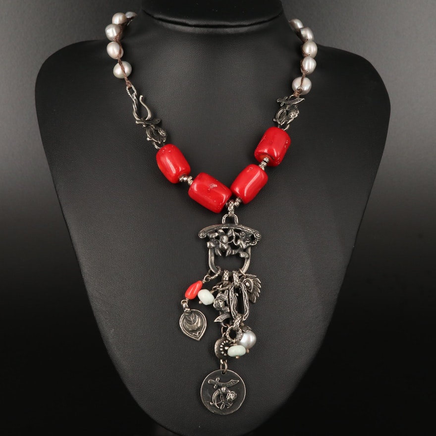 Coral, Pearl and Chalcedony Necklace with Shriner International Pendants