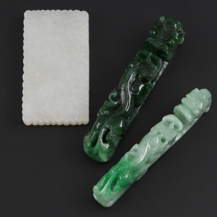 Chinese Carved Jadeite Dragon Scepter Pendant and Belt Buckles