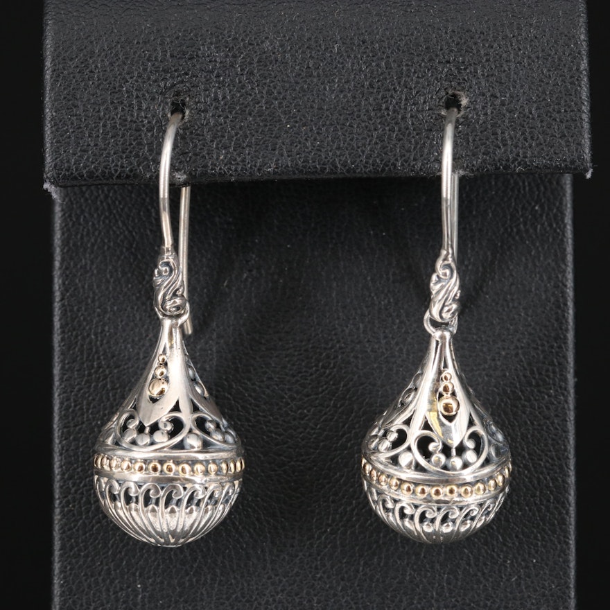 Robert Manse Designs Sterling Scrollwork Orb Drop Earrings with 18K Accents