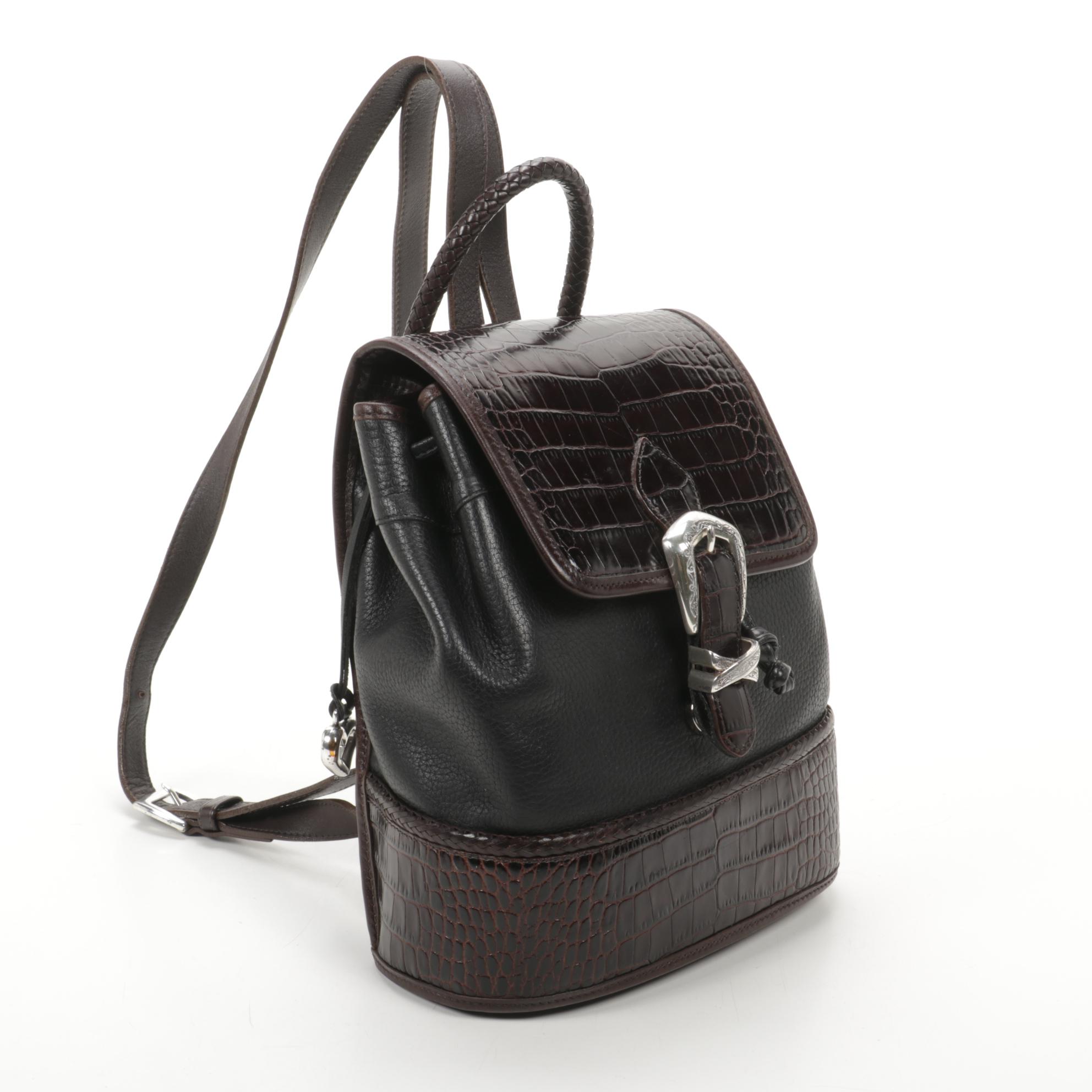 Brighton Backpack in Croc-Embossed Brown and Black Pebbled Leather