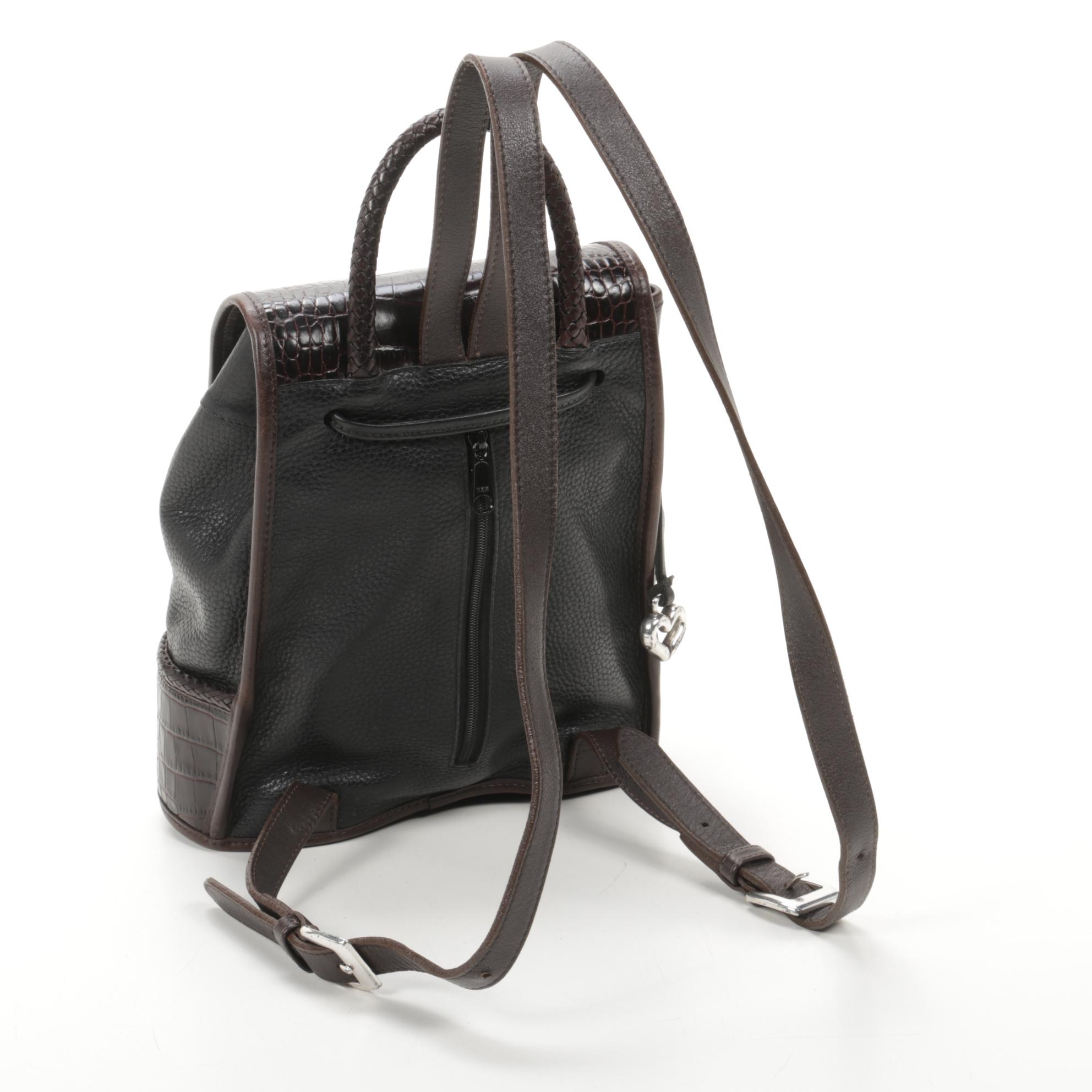 Brighton Backpack in Croc-Embossed Brown and Black Pebbled Leather
