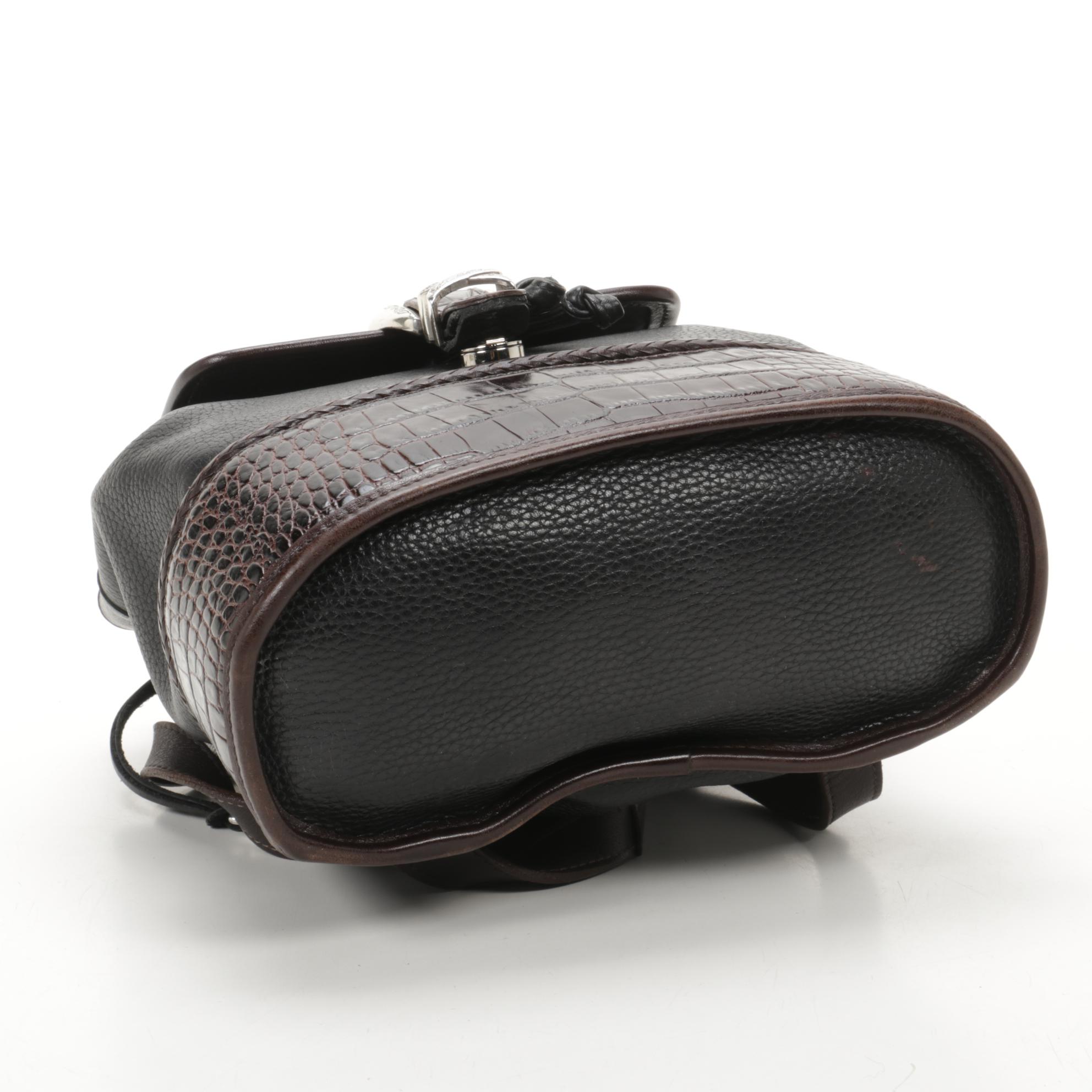 Brighton Backpack in Croc-Embossed Brown and Black Pebbled Leather