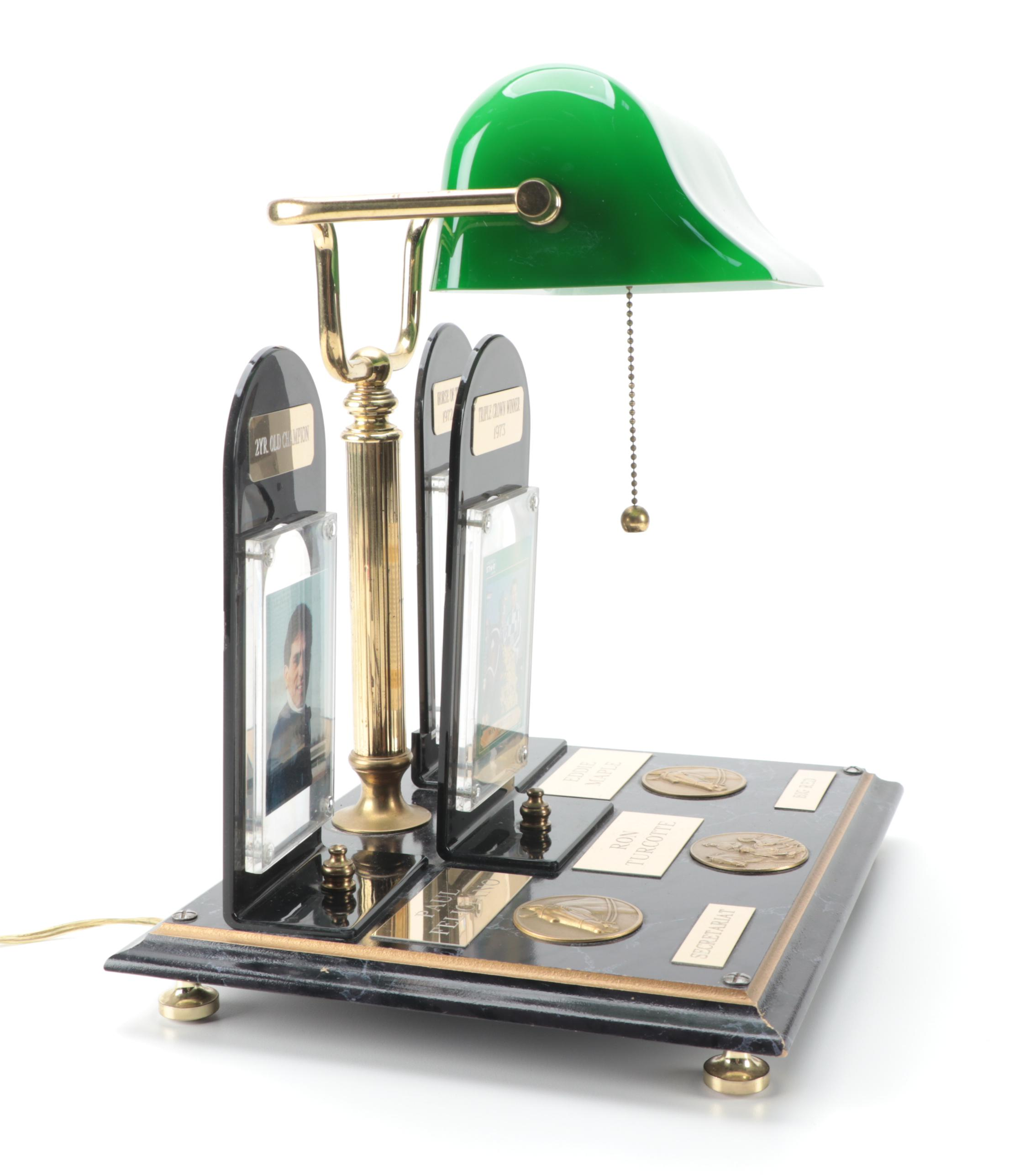 Secretariat "Big Red" and Jockeys Tribute Customized Banker's Lamp, Late 20th C