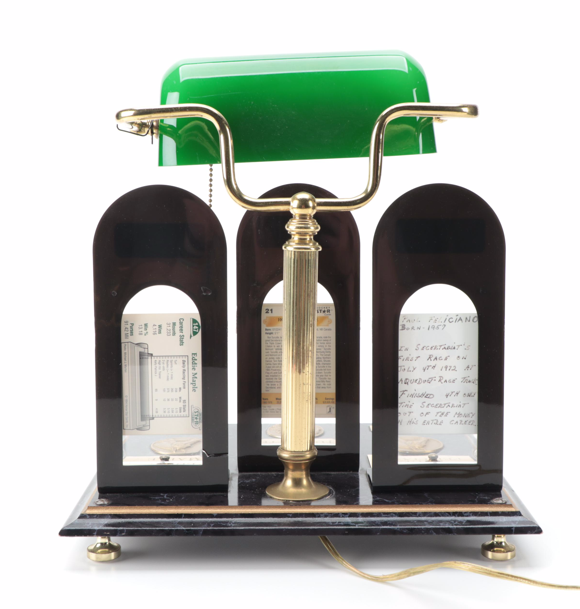 Secretariat "Big Red" and Jockeys Tribute Customized Banker's Lamp, Late 20th C