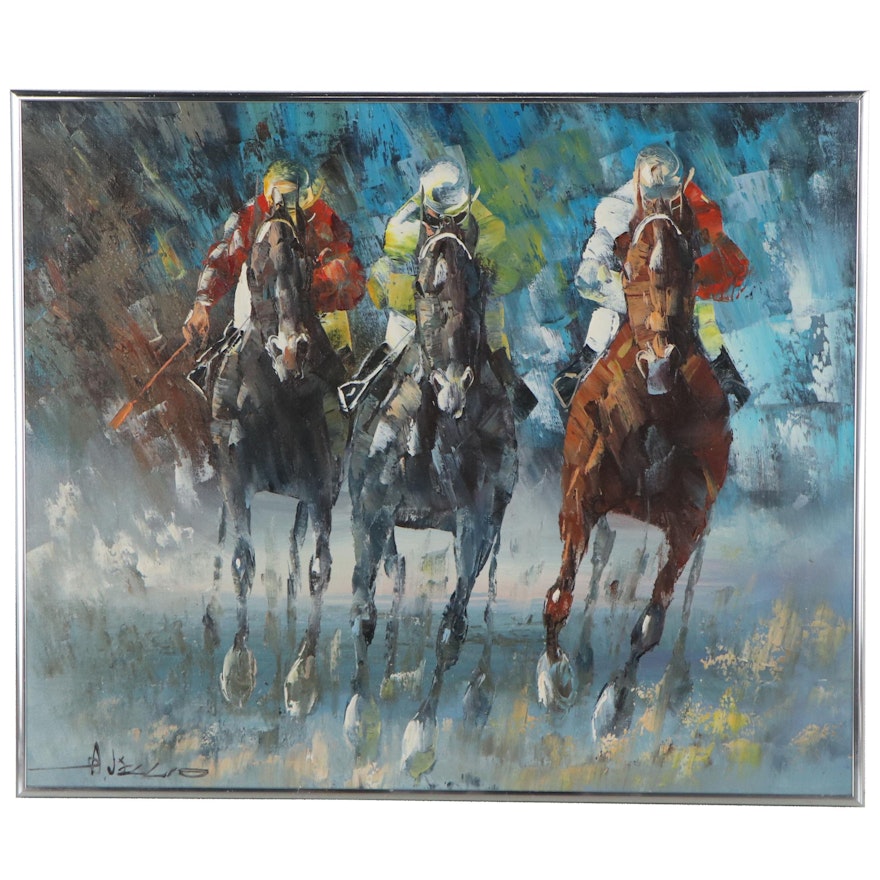 Anthony Veccio Oil Painting of a Horse Race, Late 20th Century