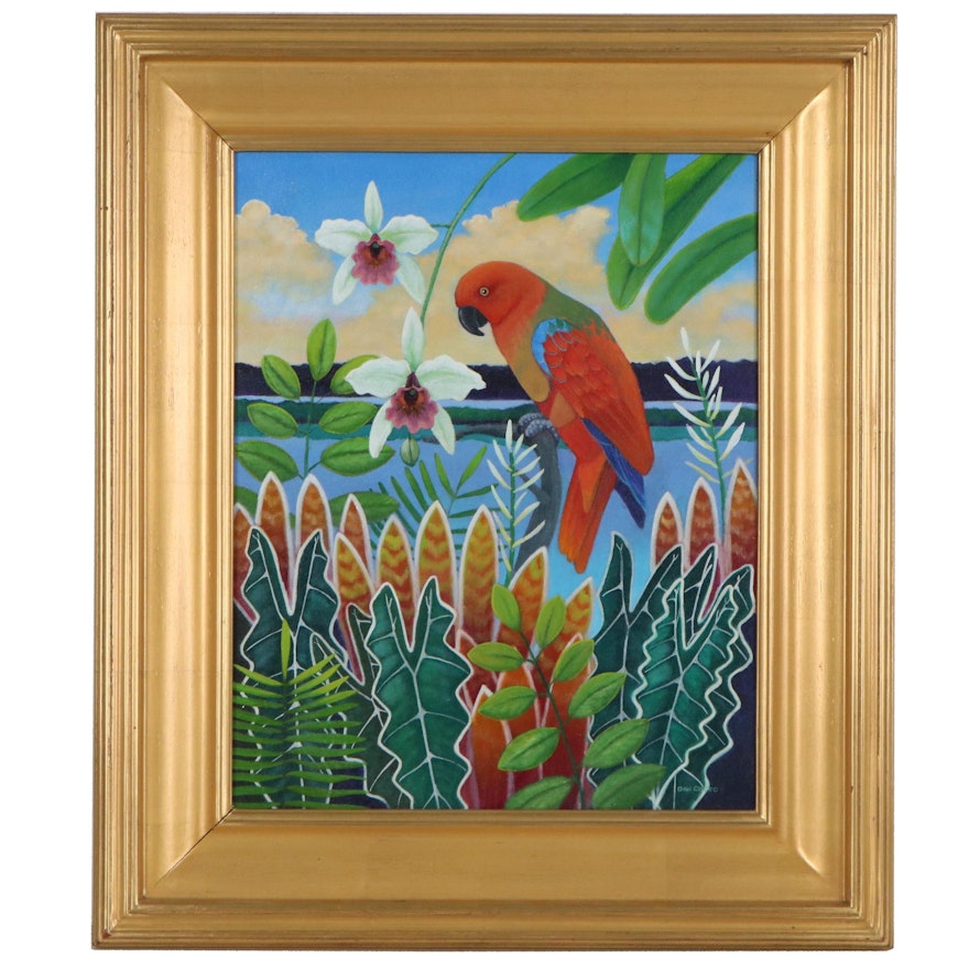 Dan Cocco Tropical Landscape Acrylic Painting with Parrot, 21st Century