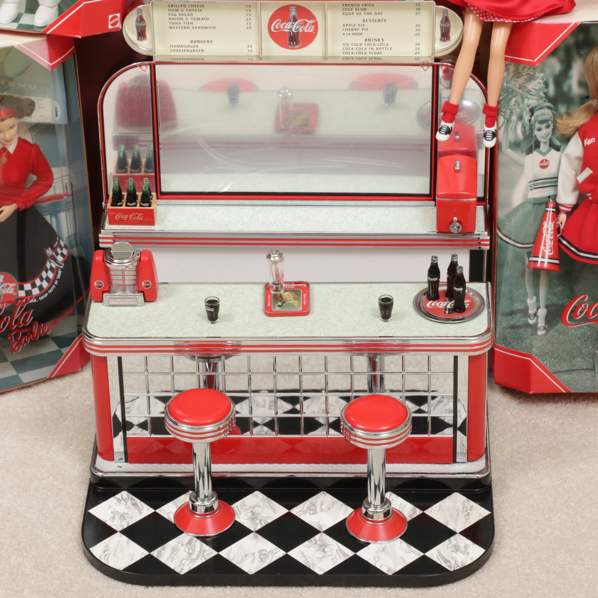 Mattel Coca-Cola Themed Barbies with Classic Diner Soda Fountain