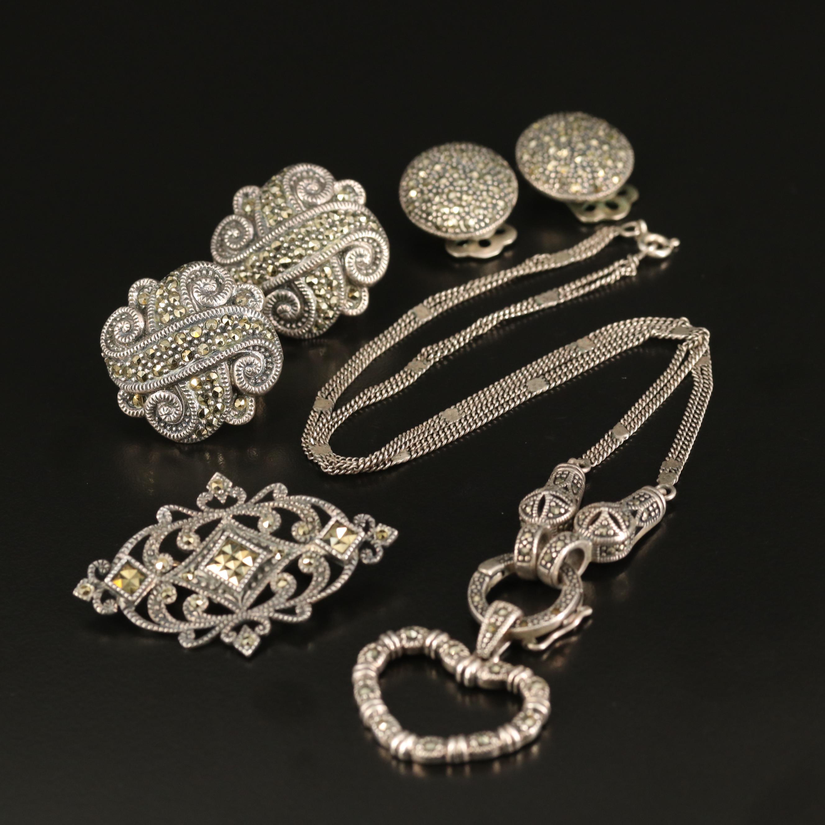 Sterling Marcasite Jewelry Featuring Judith Jack Dome Earrings