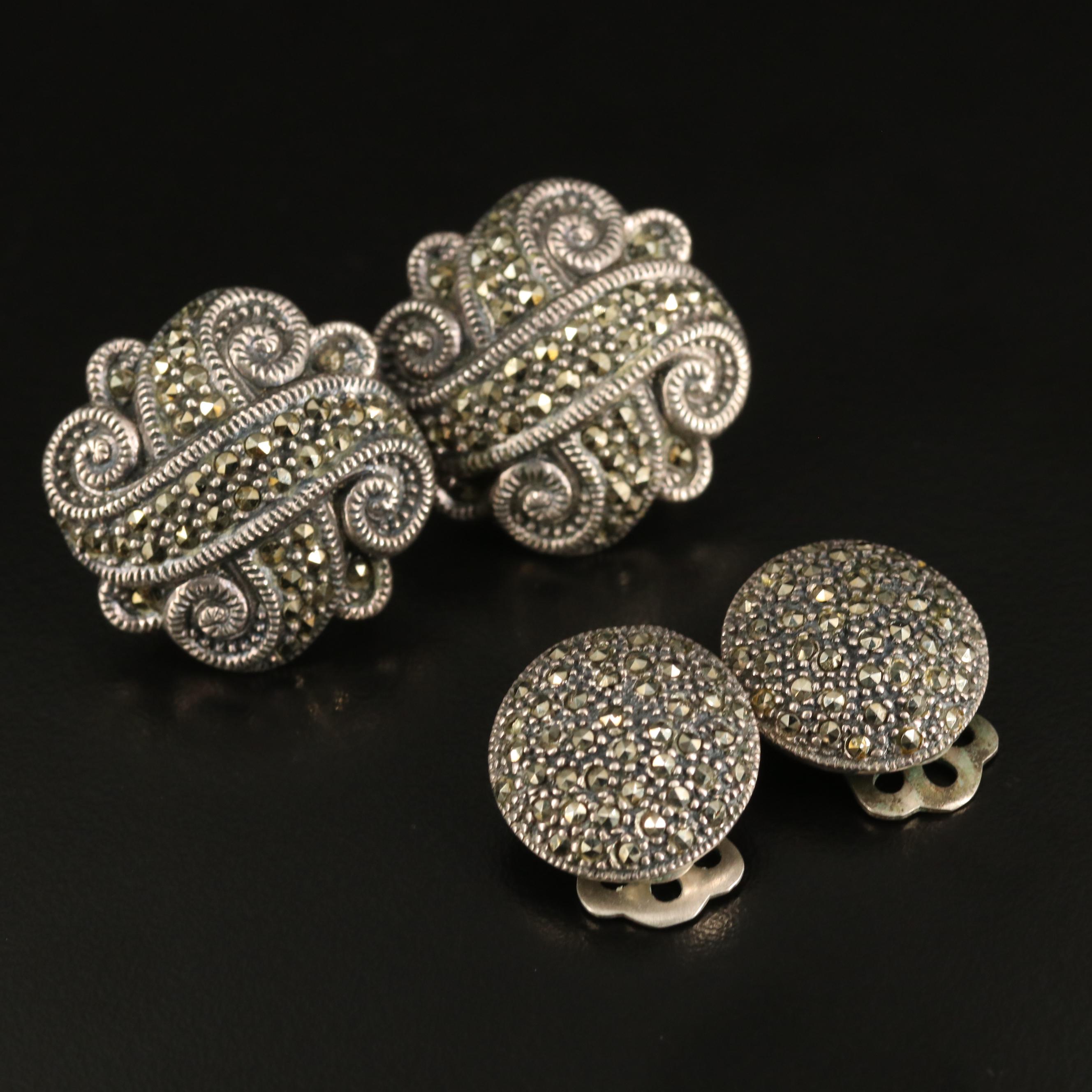 Sterling Marcasite Jewelry Featuring Judith Jack Dome Earrings