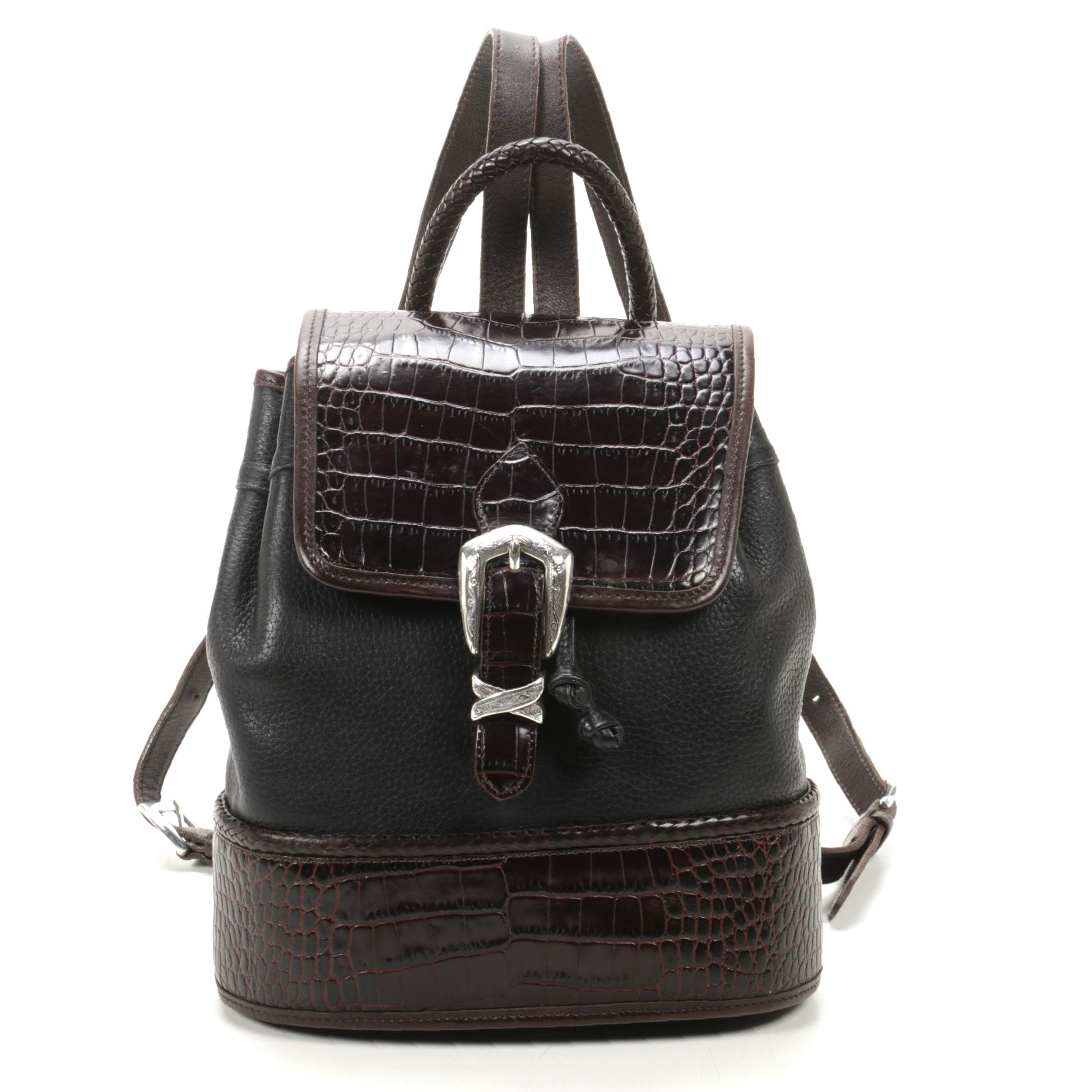 Brighton Backpack in Croc-Embossed Brown and Black Pebbled Leather