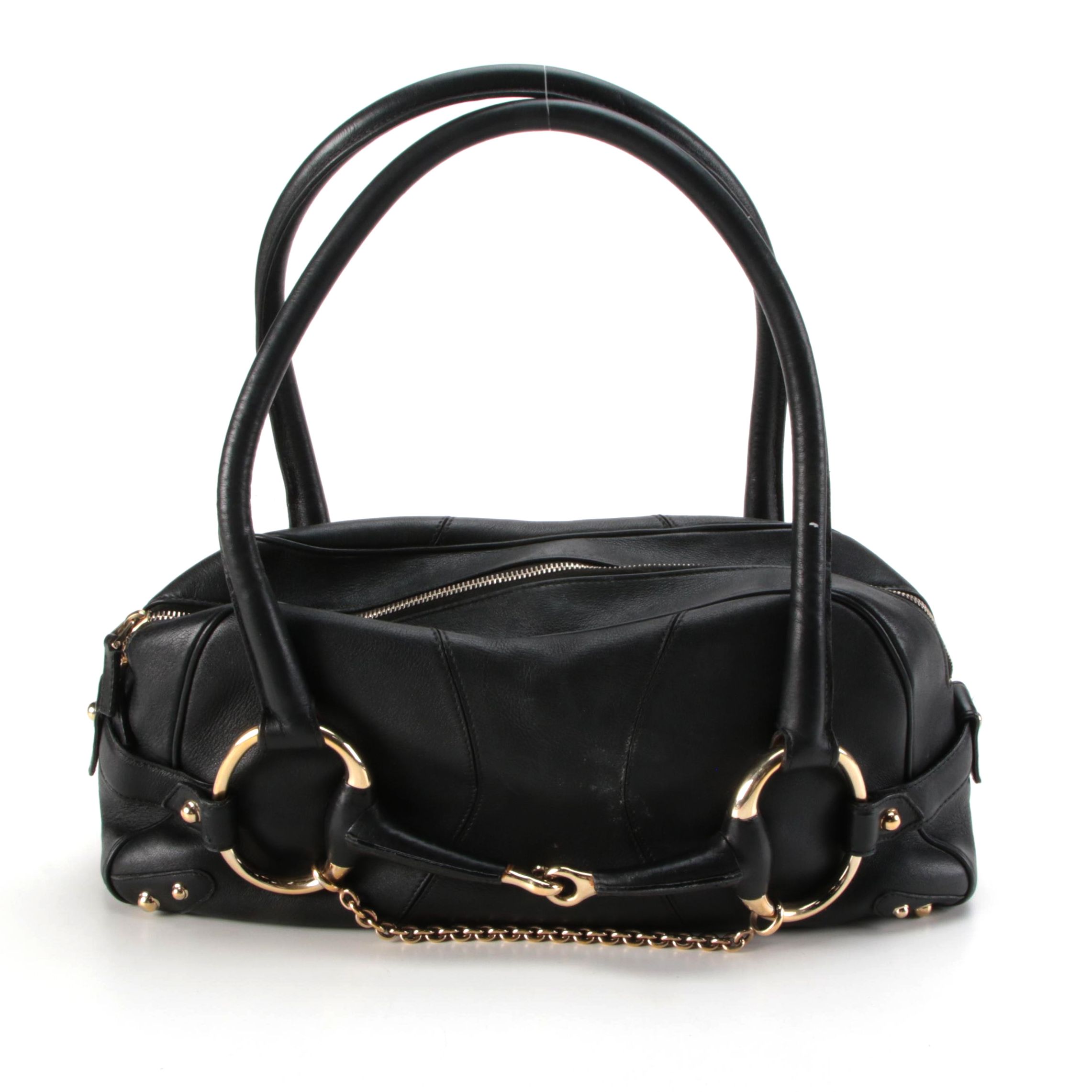 Gucci Large Horsebit Chain Shoulder Bag in Black Leather