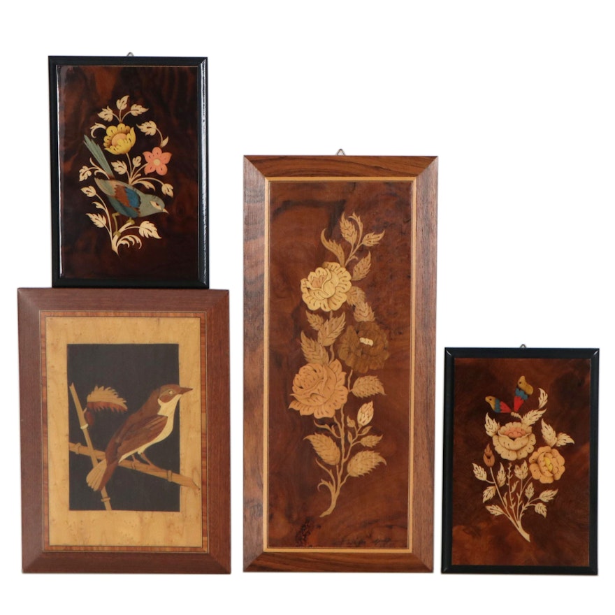 Bird and Floral Still Life Wood Inlay Plaques, circa 2000