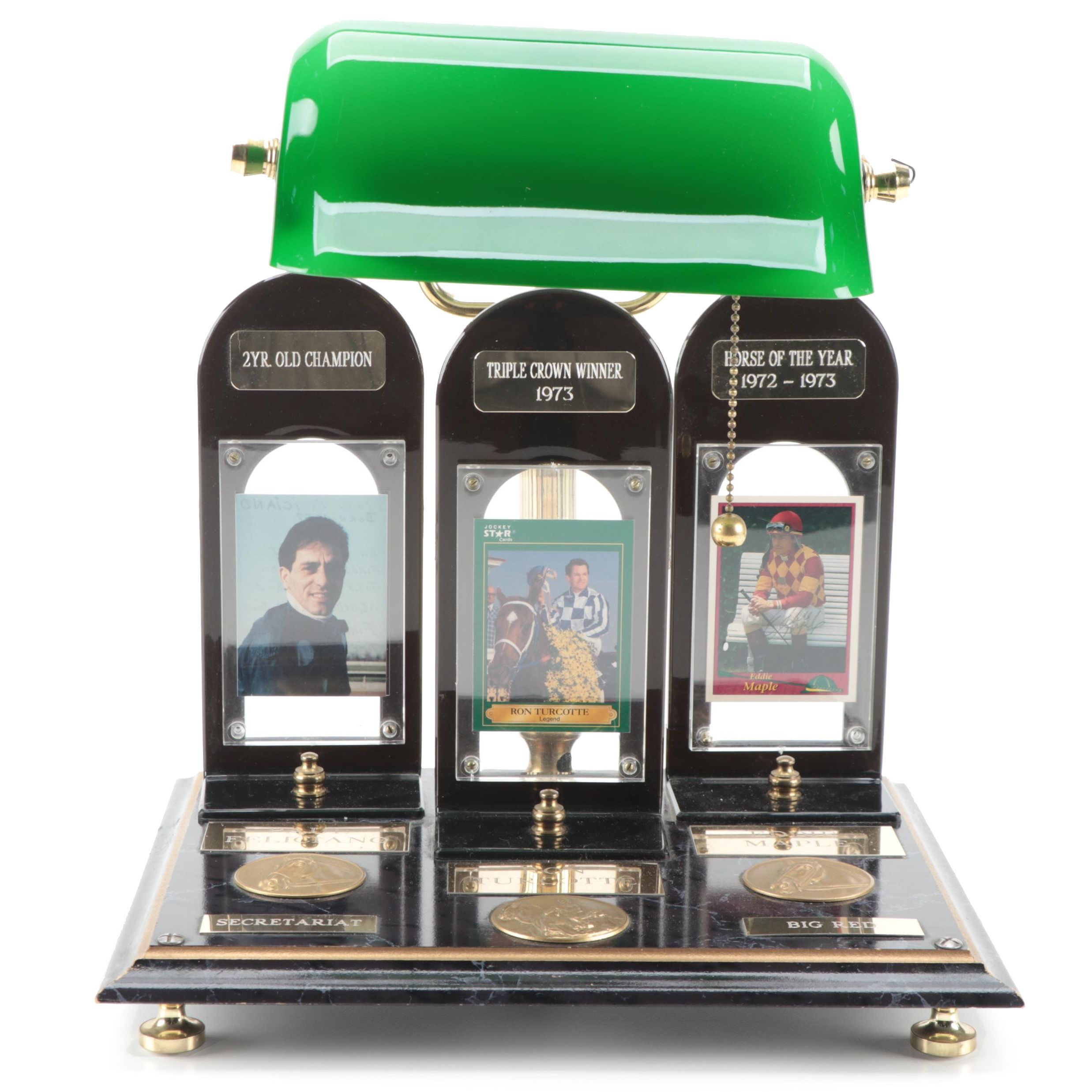 Secretariat "Big Red" and Jockeys Tribute Customized Banker's Lamp, Late 20th C