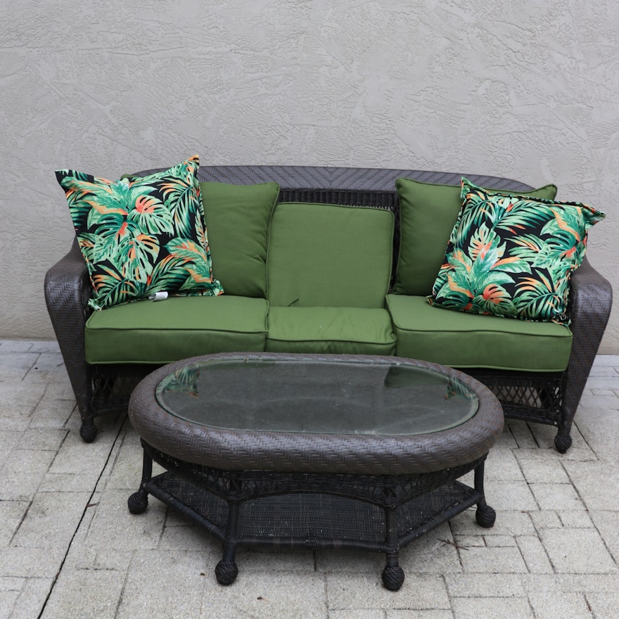 Outdoor Patio Woven Resin Wicker Sofa and Glass Top Coffee Table