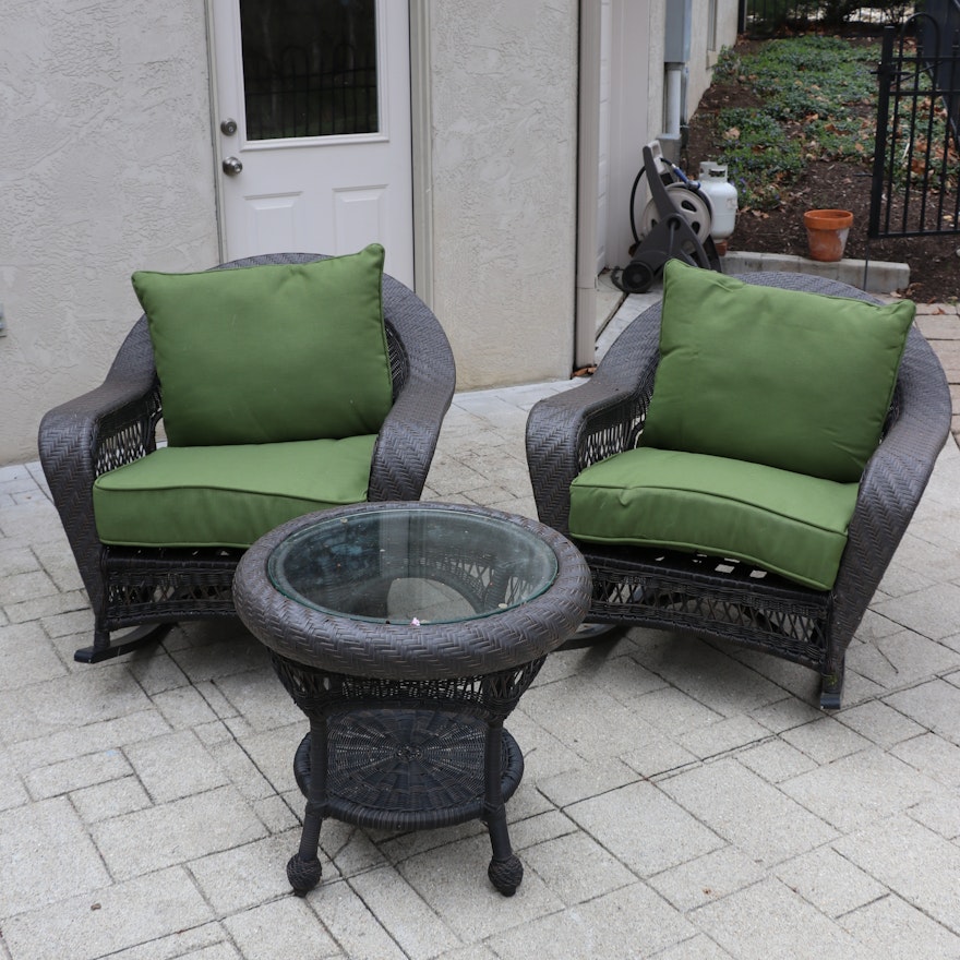 Outdoor Patio Woven Resin Wicker Rockers and Glass Top Side Table