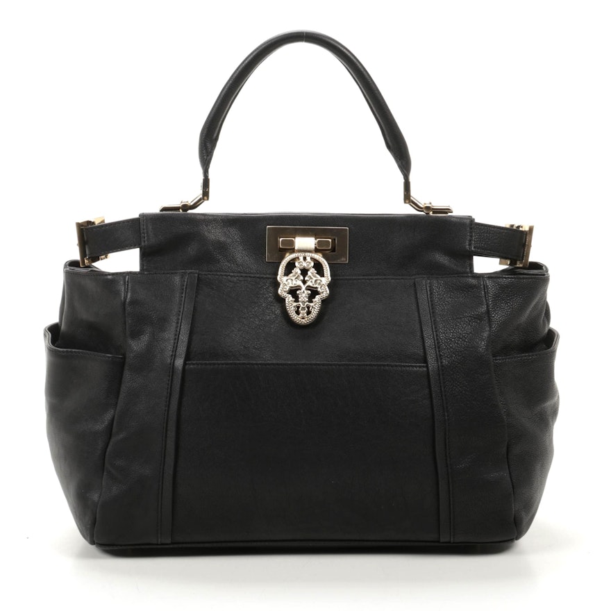Thomas Wylde Top Handle Bag in Black Leather with Skull Clasp Detailing