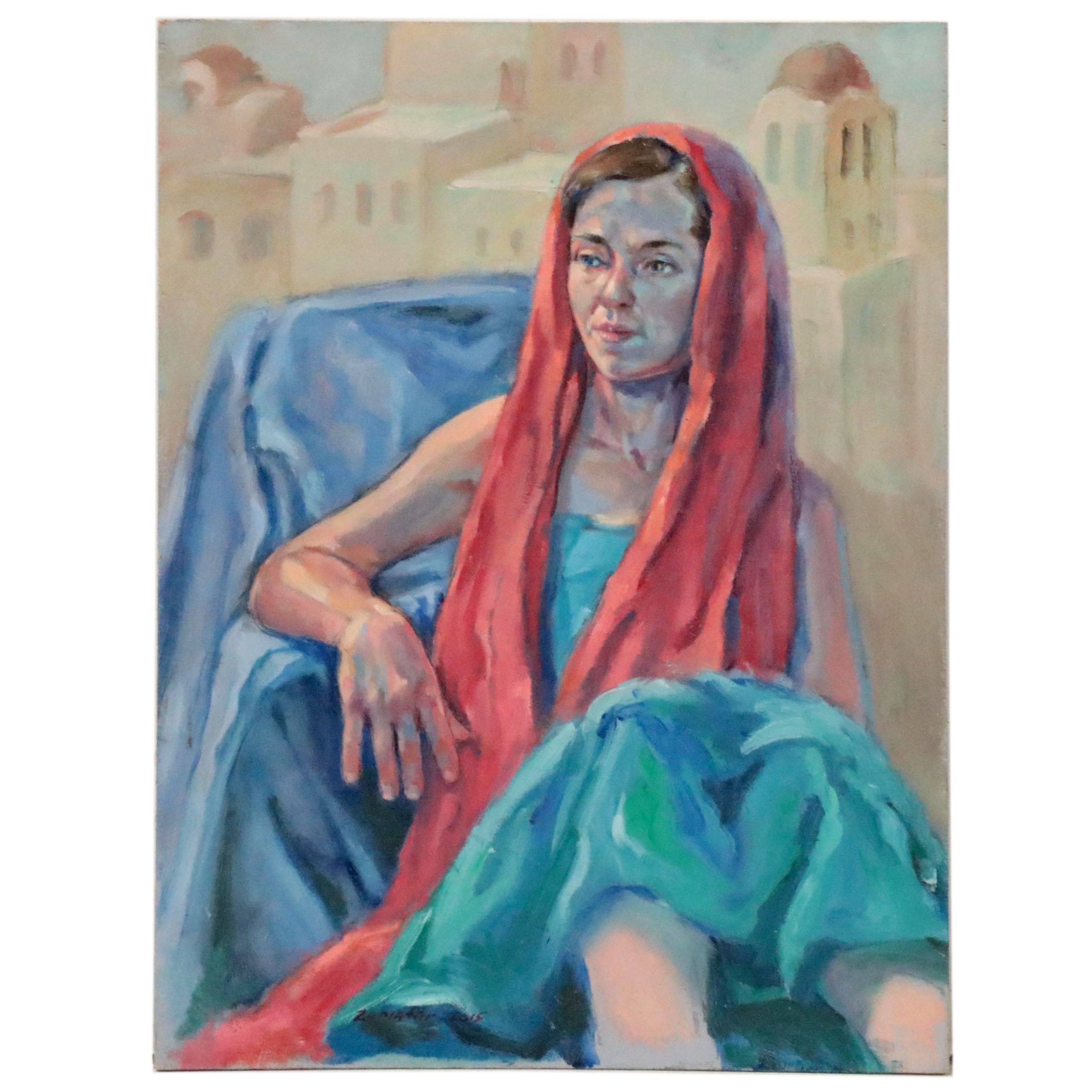 Raymond Zaplatar Portrait Oil Painting "Woman in Red Headscarf," 2015