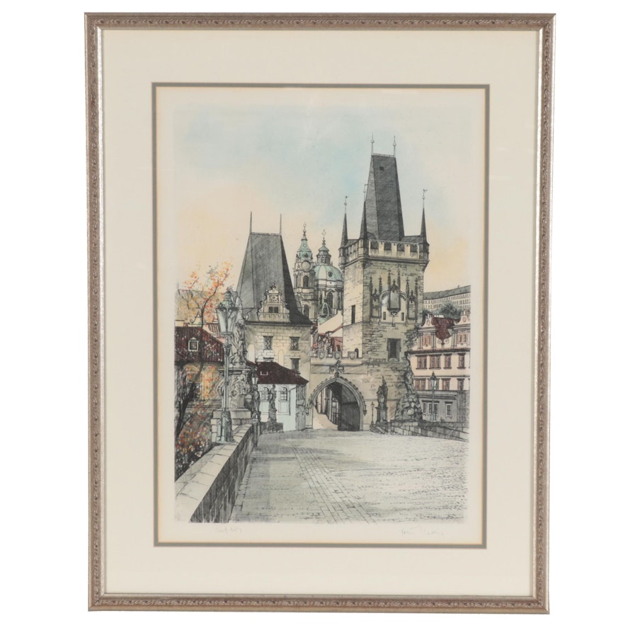 Hand-Colored Etching of Prague, 21st Century