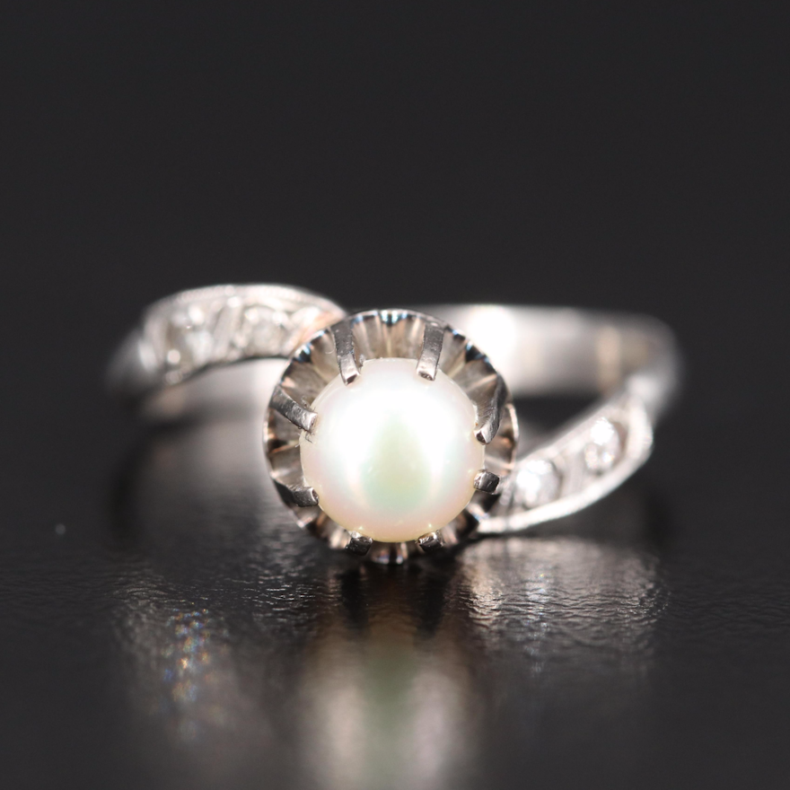 Edwardian Platinum Pearl and Diamond Bypass Ring with 18K Setting