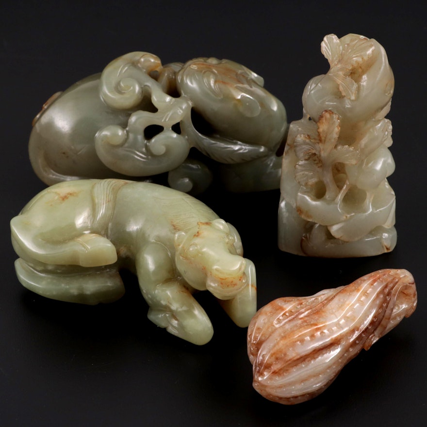 Chinese Carved Serpentine Animal and Gourd Amulets