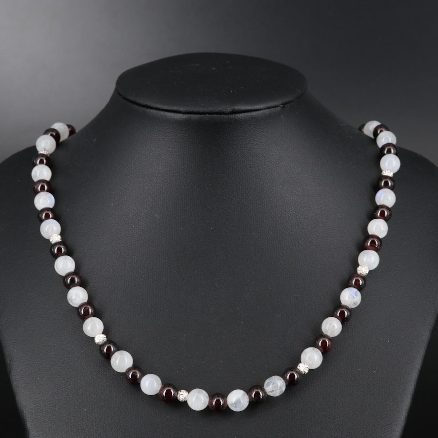 Rainbow Moonstone and Garnet Necklace with Sterling and Cubic Zirconia Accents