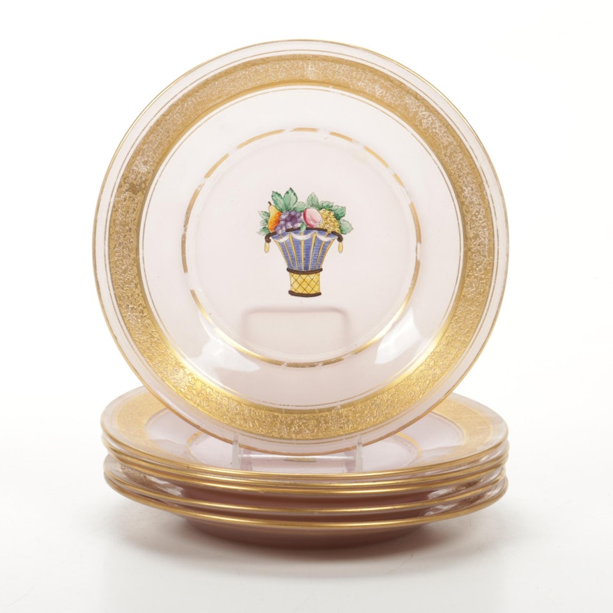 Gilt Rim Painted Glass Dessert Plates, Early to Mid 20th Century