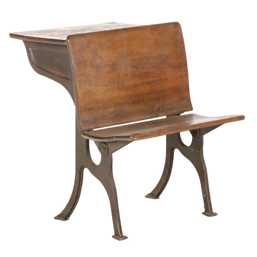 Mixed Wood Students Desk with Steel Base, Early to Mid-20th Century