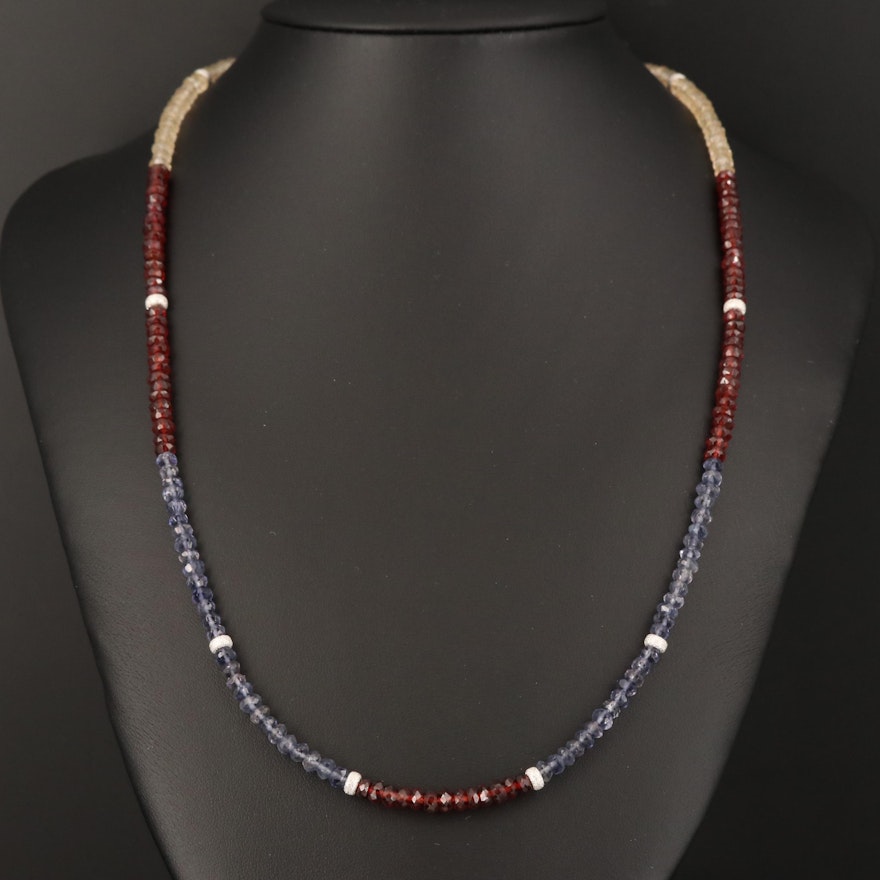 Beaded Necklace with Citrine, Garnet, Iolite and Sterling Clasp