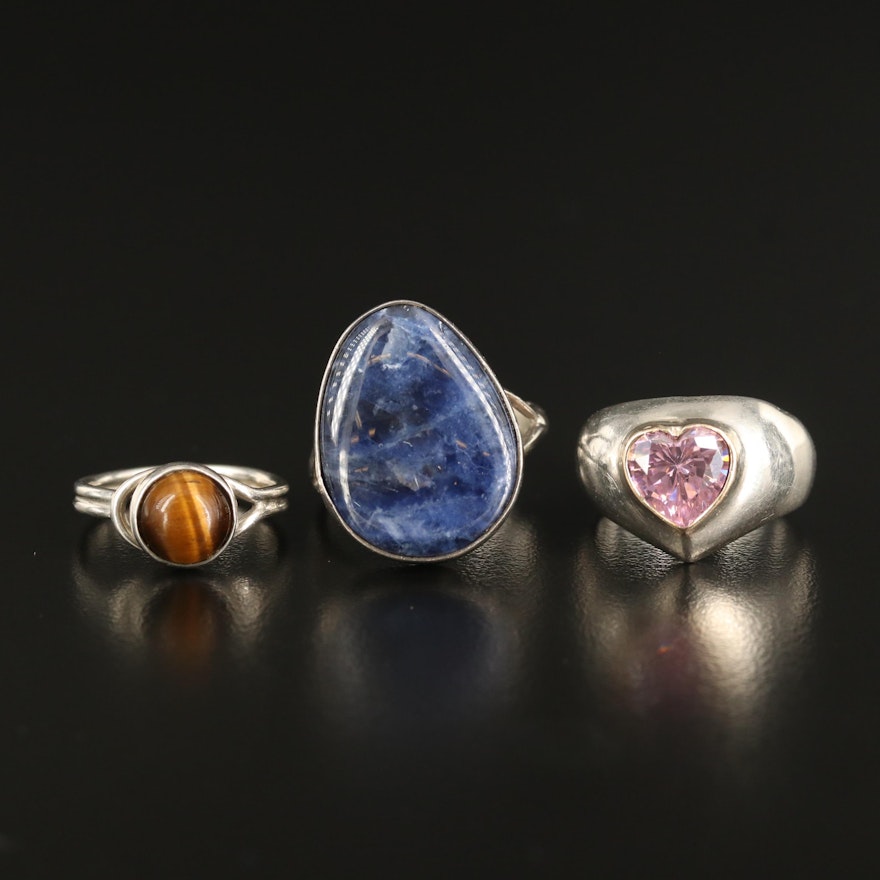 Sterling Ring Selection with Sodalite, Tiger's Eye and Cubic Zirconia