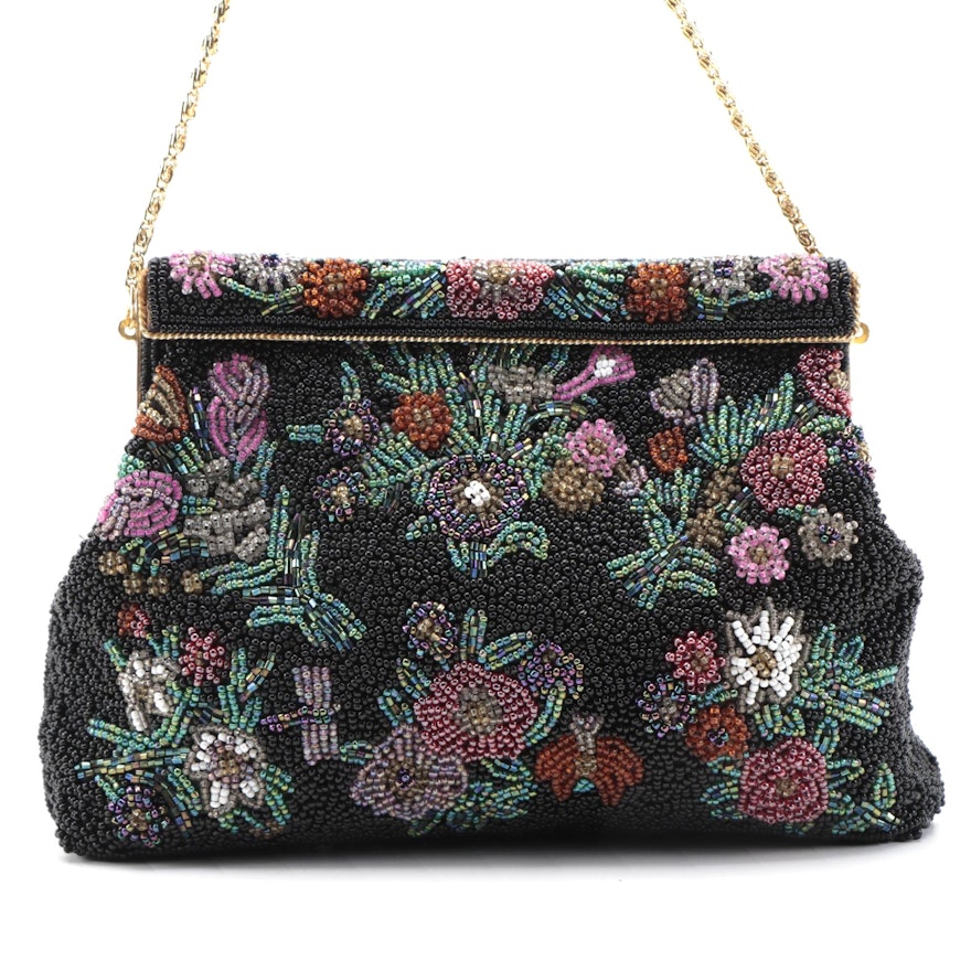 Floral Seed Beaded Frame Purse with Chain Strap