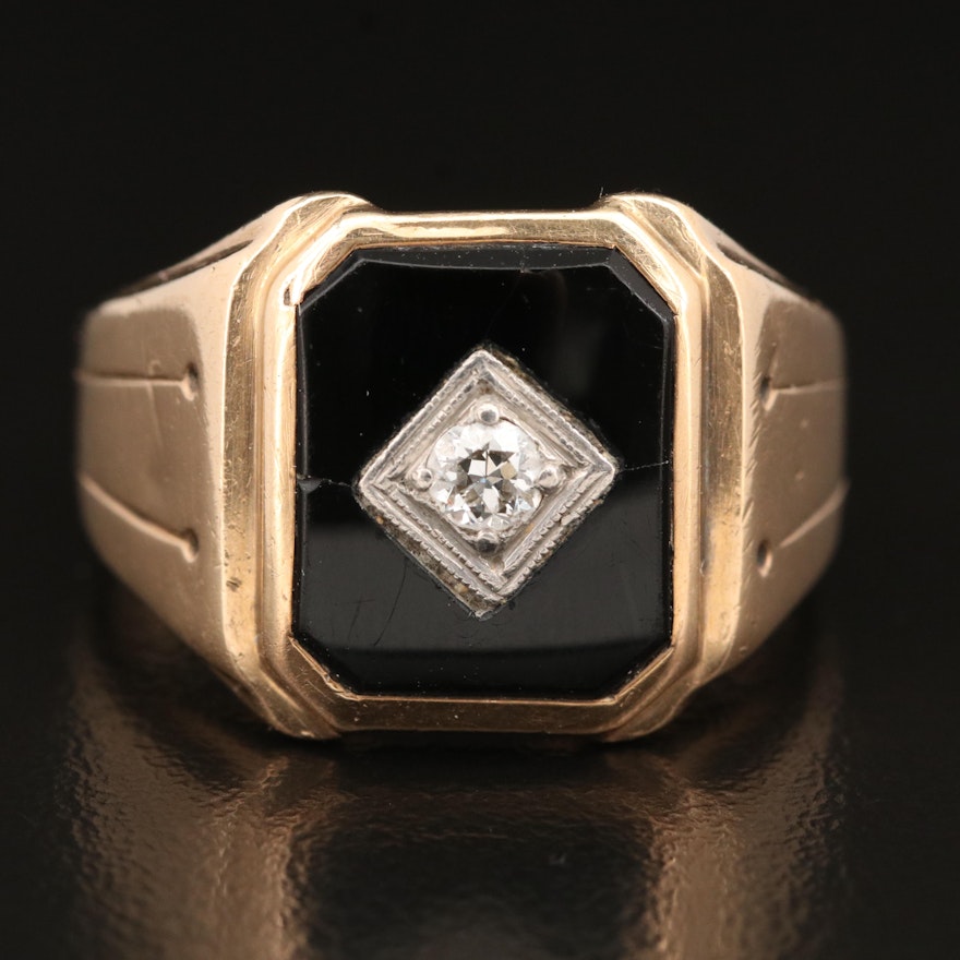 Vintage 10K Black Onyx Ring with Palladium and Diamond Center Accent