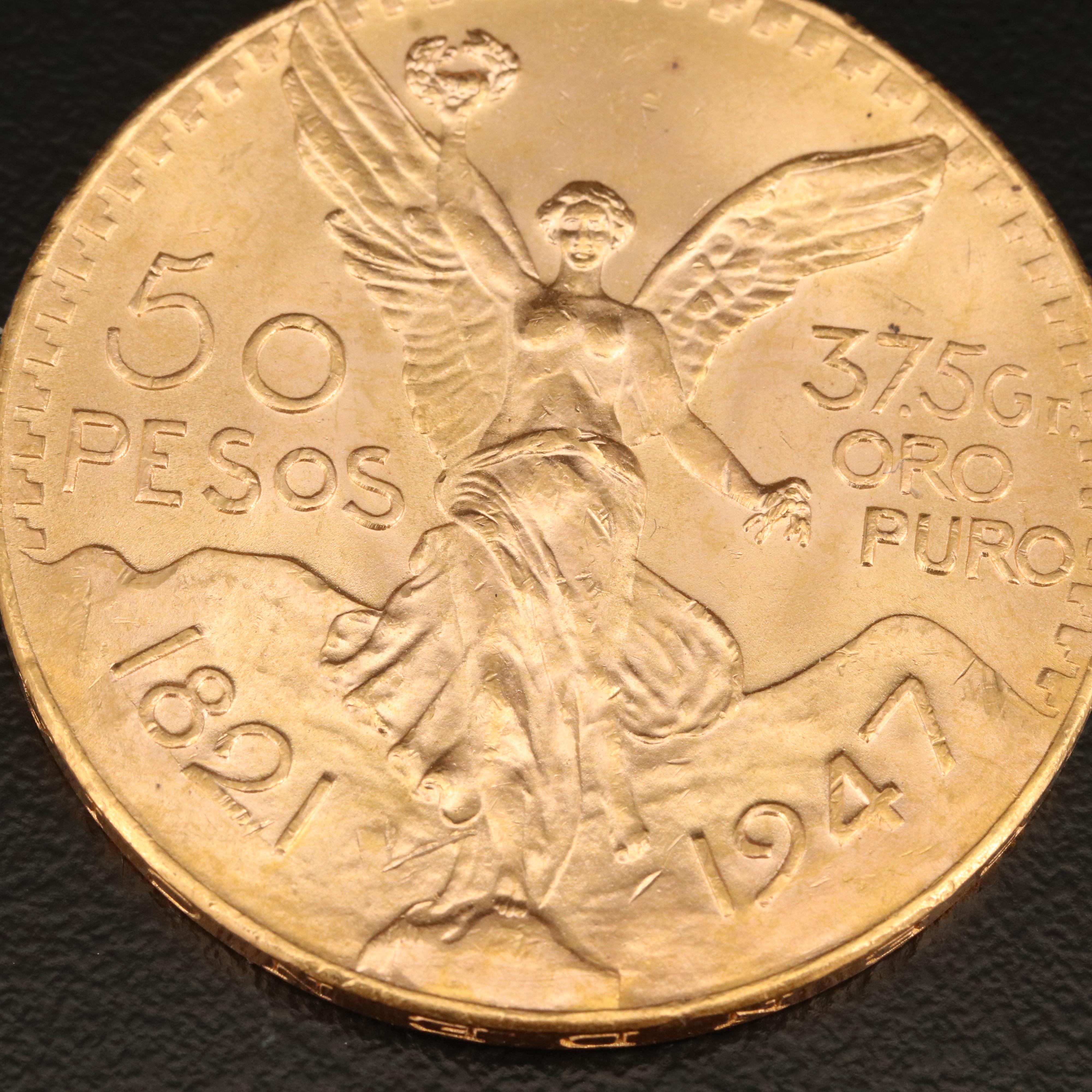 1947 Gold Mexican Centenario 50 Peso Coin