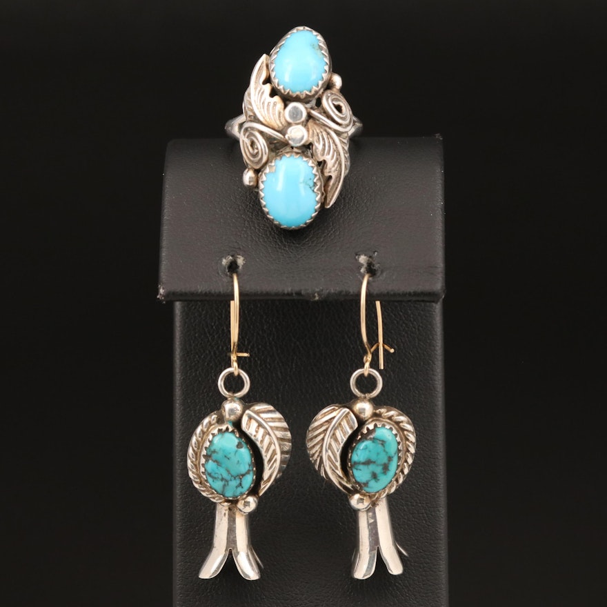 Jamison Kee Navajo Diné Ring with Southwestern Turquoise Squash Blossom Earrings