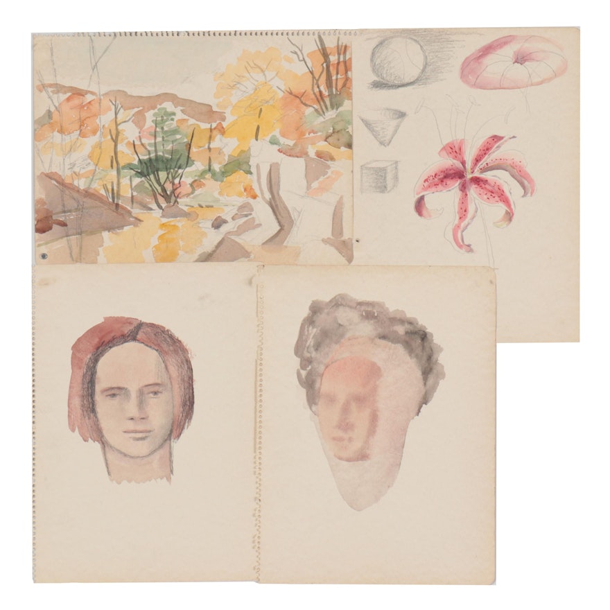 Florence Smithburn Embellished Watercolor Paintings, Mid-20th Century