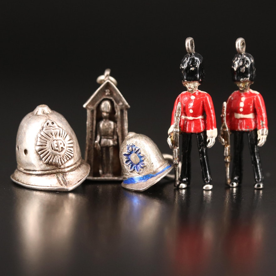Vintage Sterling Queens's Guard and Firefighter Helmet Pendants and Charms