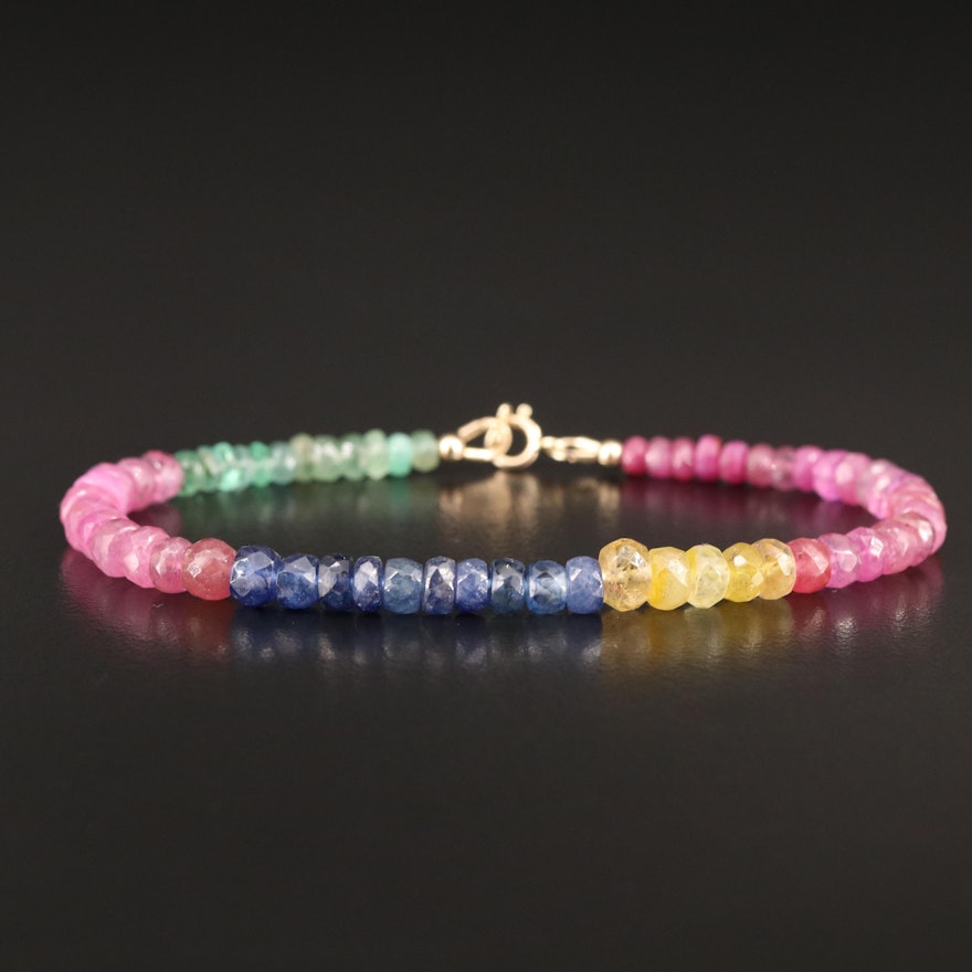 Graduated Beaded Gemstone Bracelet with Sapphire, Emerald, Ruby and 10K Clasp