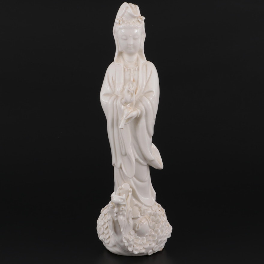 Chinese Blanc de Chine Porcelain Guan Yin on Dragon Figurine